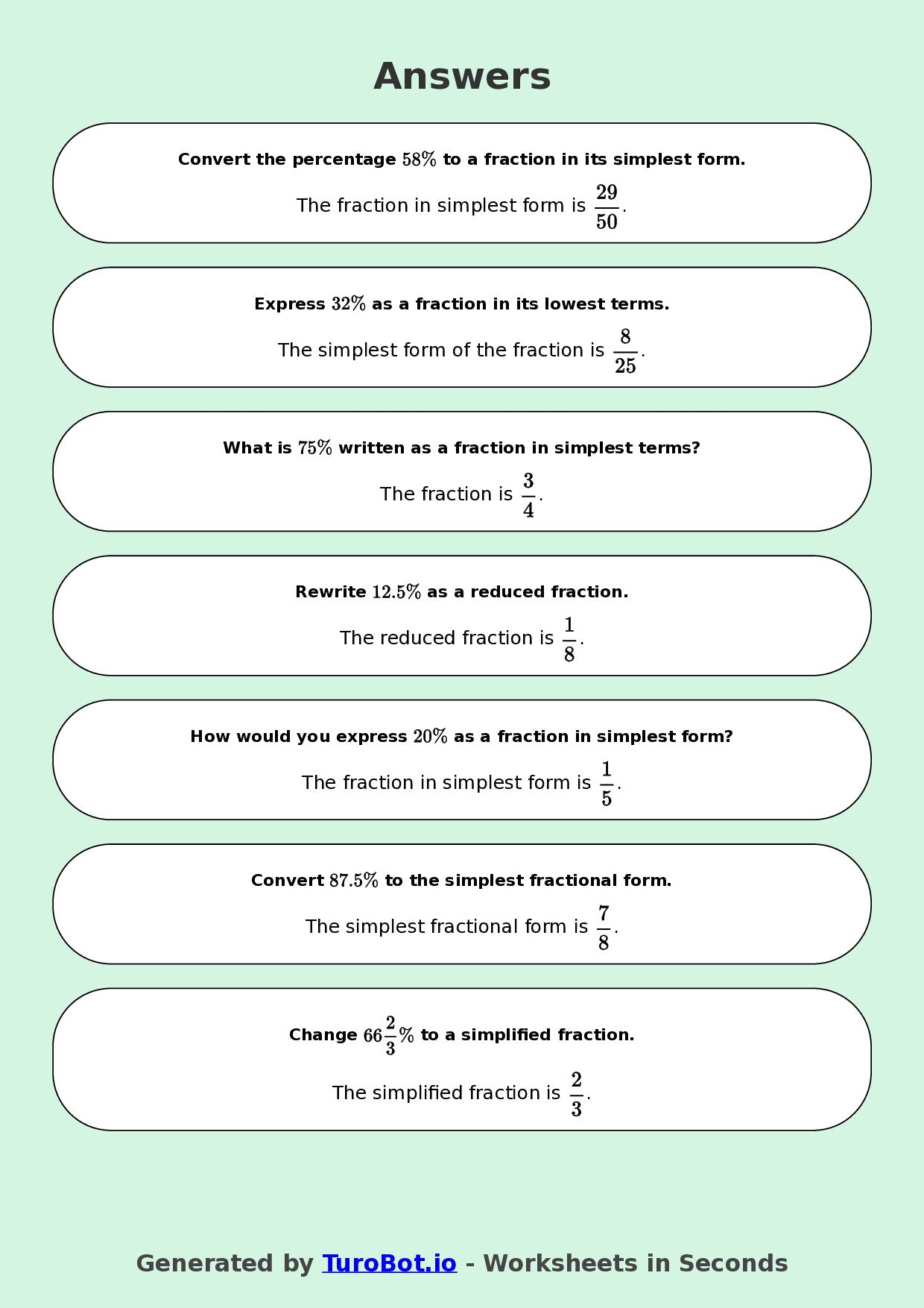 Year 8 Math Worksheet – Convert Percentages to Fractions