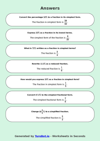 Year 8 Math Worksheet – Convert Percentages to Fractions