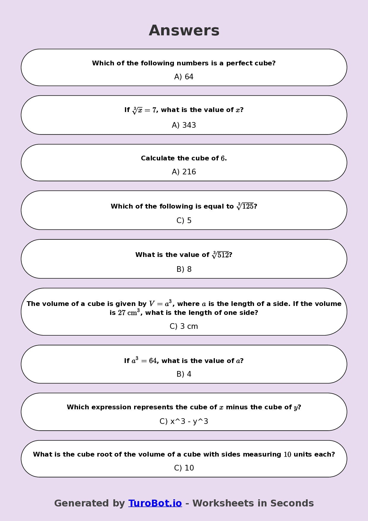 Year 8 Math Worksheet – Cube Numbers and Cube Roots