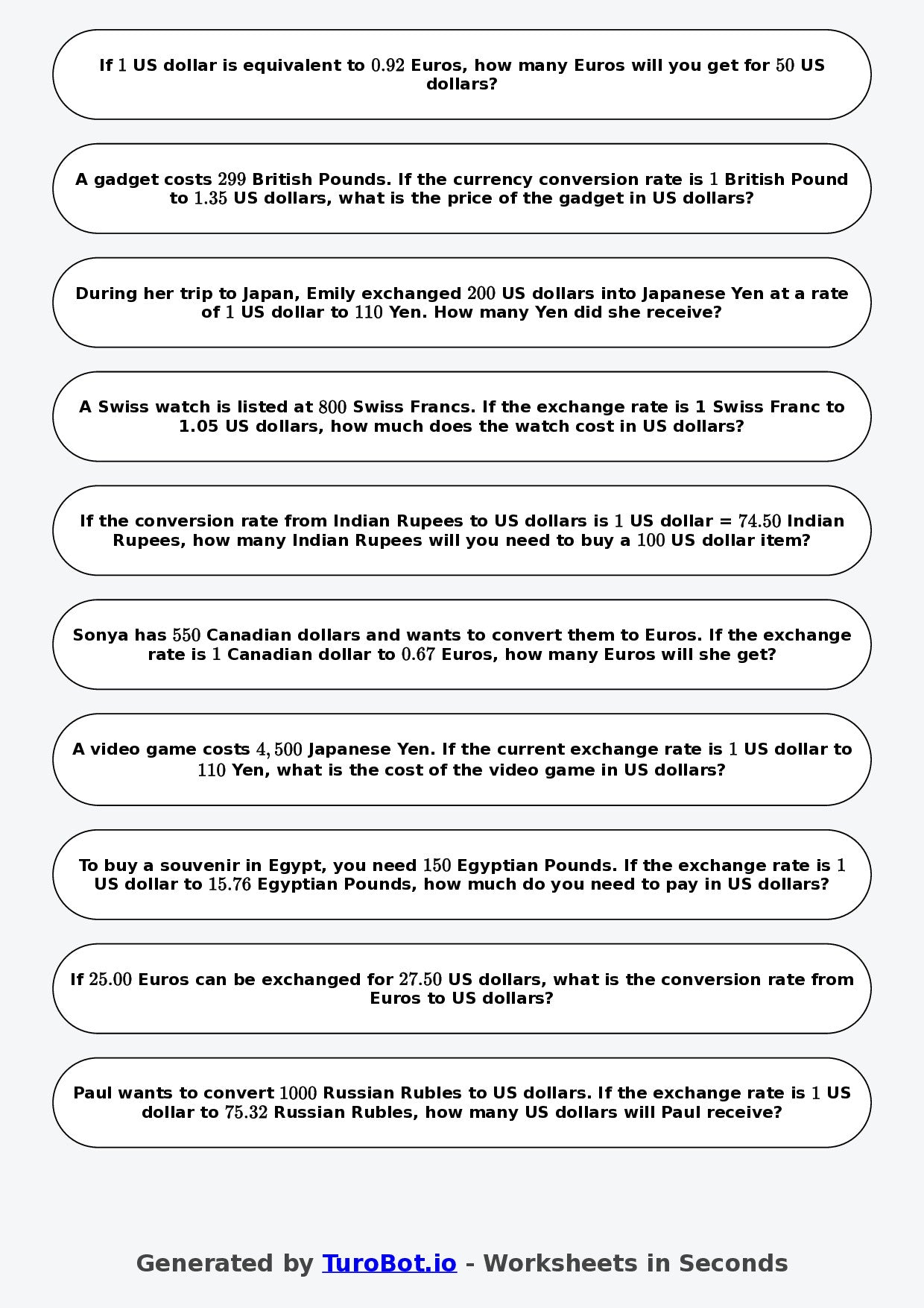 Year 8 Math Worksheet – Currency Conversion Ratio Problems