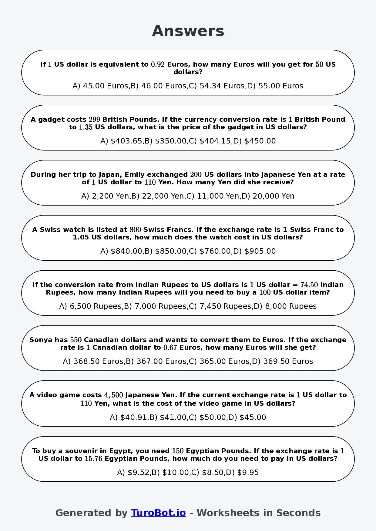 Year 8 Math Worksheet – Currency Conversion Ratio Problems