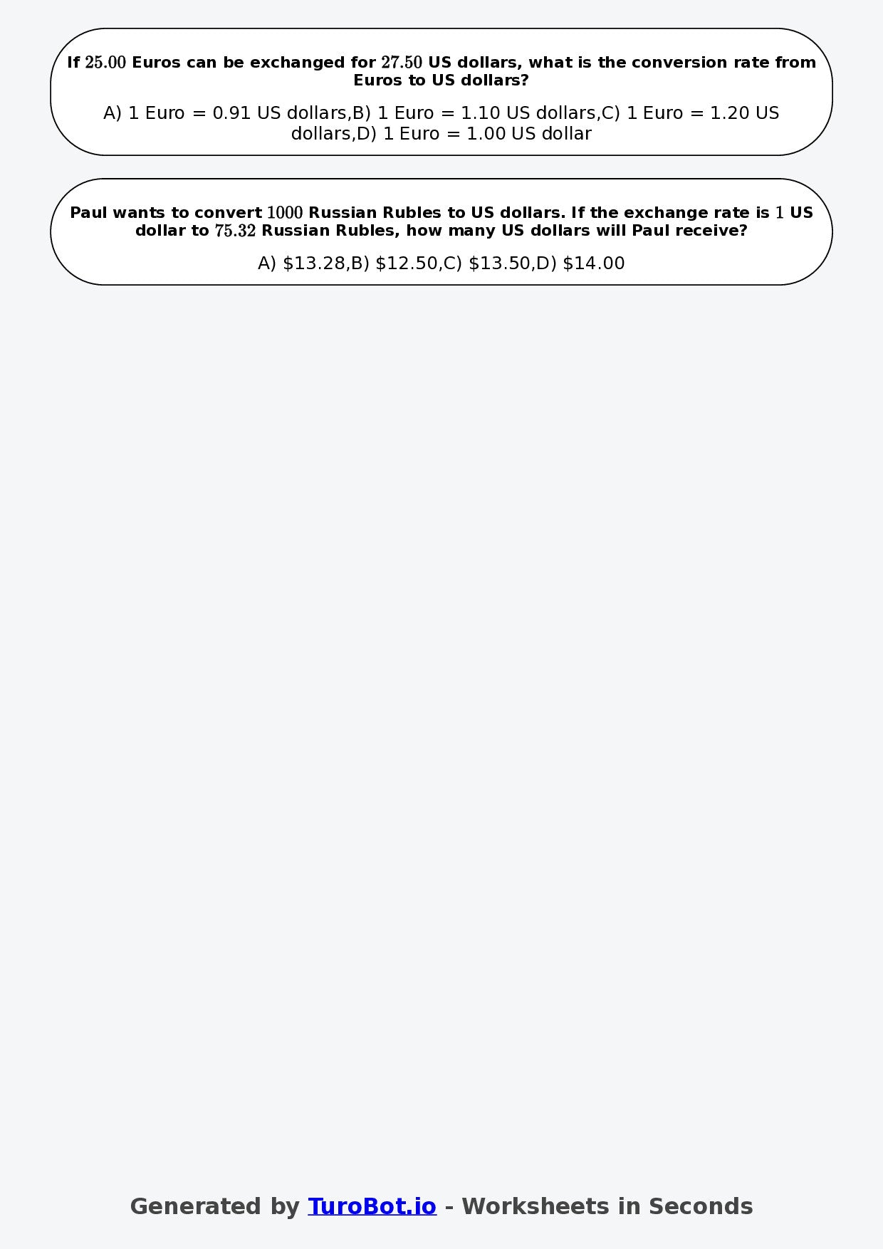 Year 8 Math Worksheet – Currency Conversion Ratio Problems