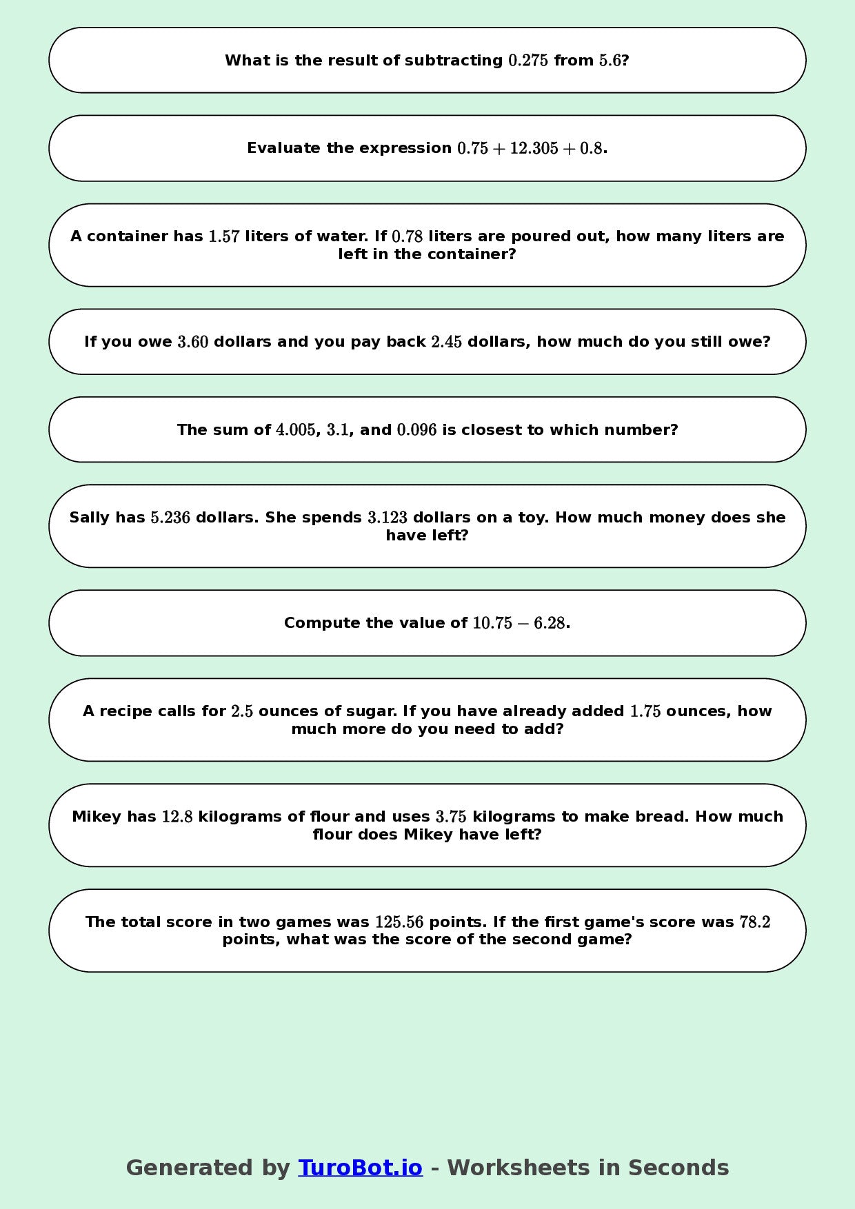 Year 8 Math Worksheet – Decimal Operations - Add and Subtract
