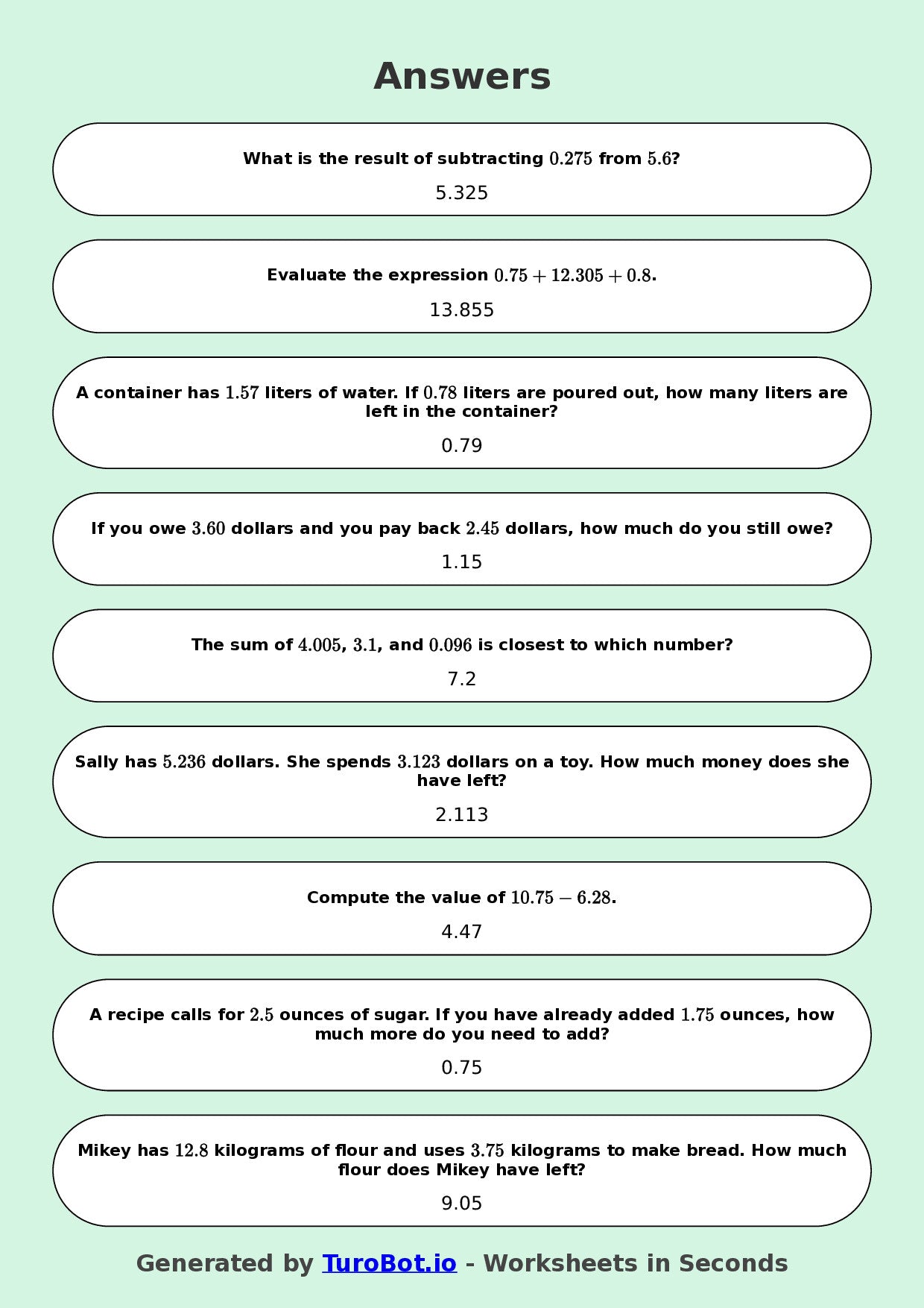Year 8 Math Worksheet – Decimal Operations - Add and Subtract