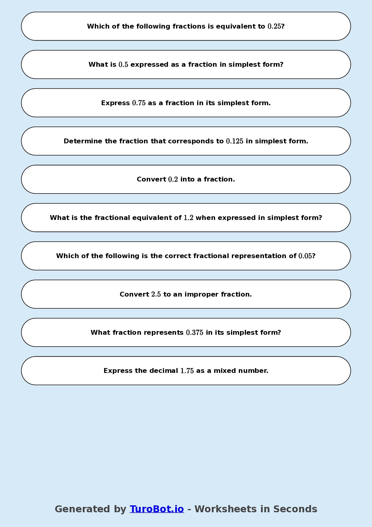 Year 8 Math Worksheet – Decimals to Fractions Basics 2