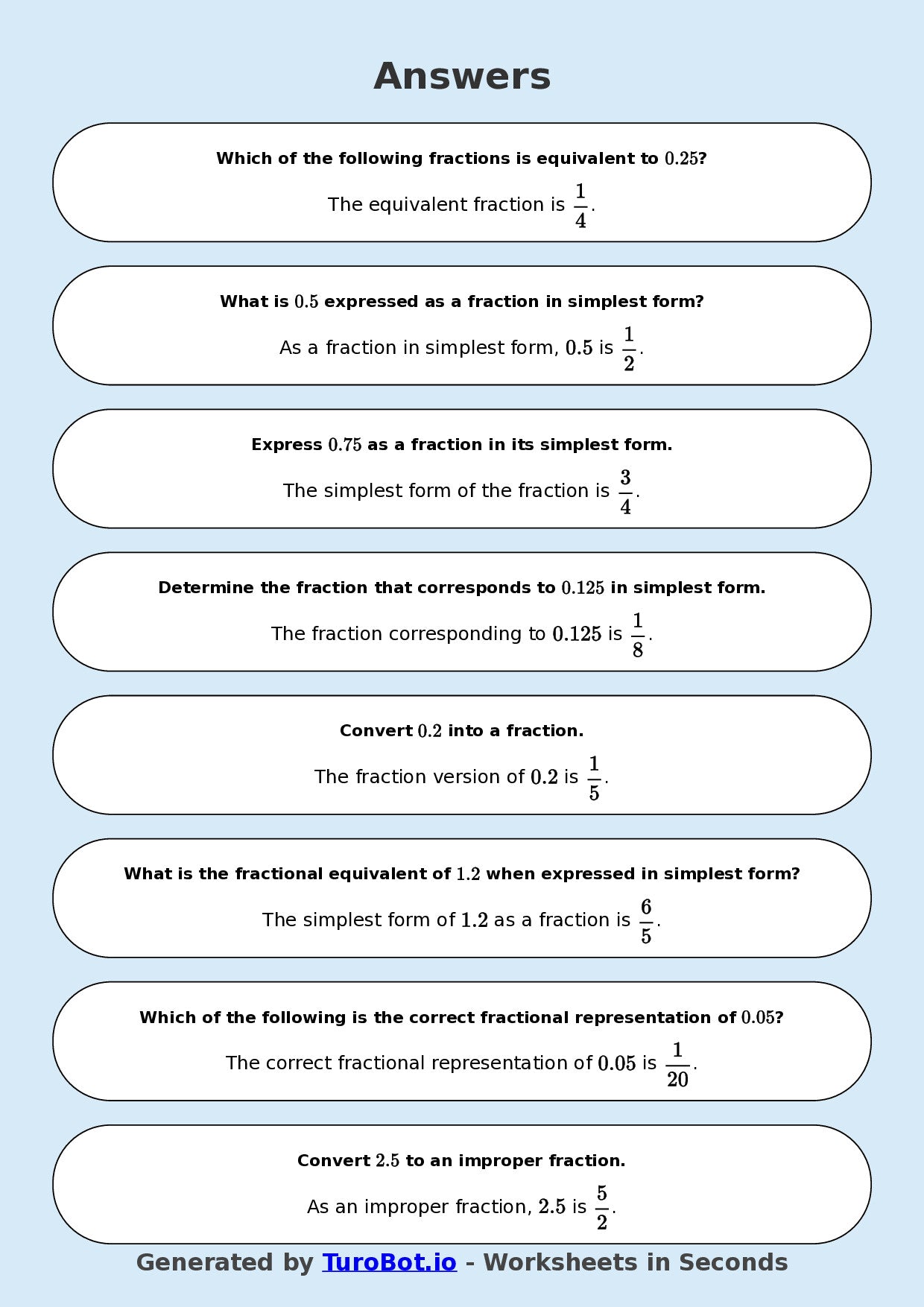Year 8 Math Worksheet – Decimals to Fractions Basics 2