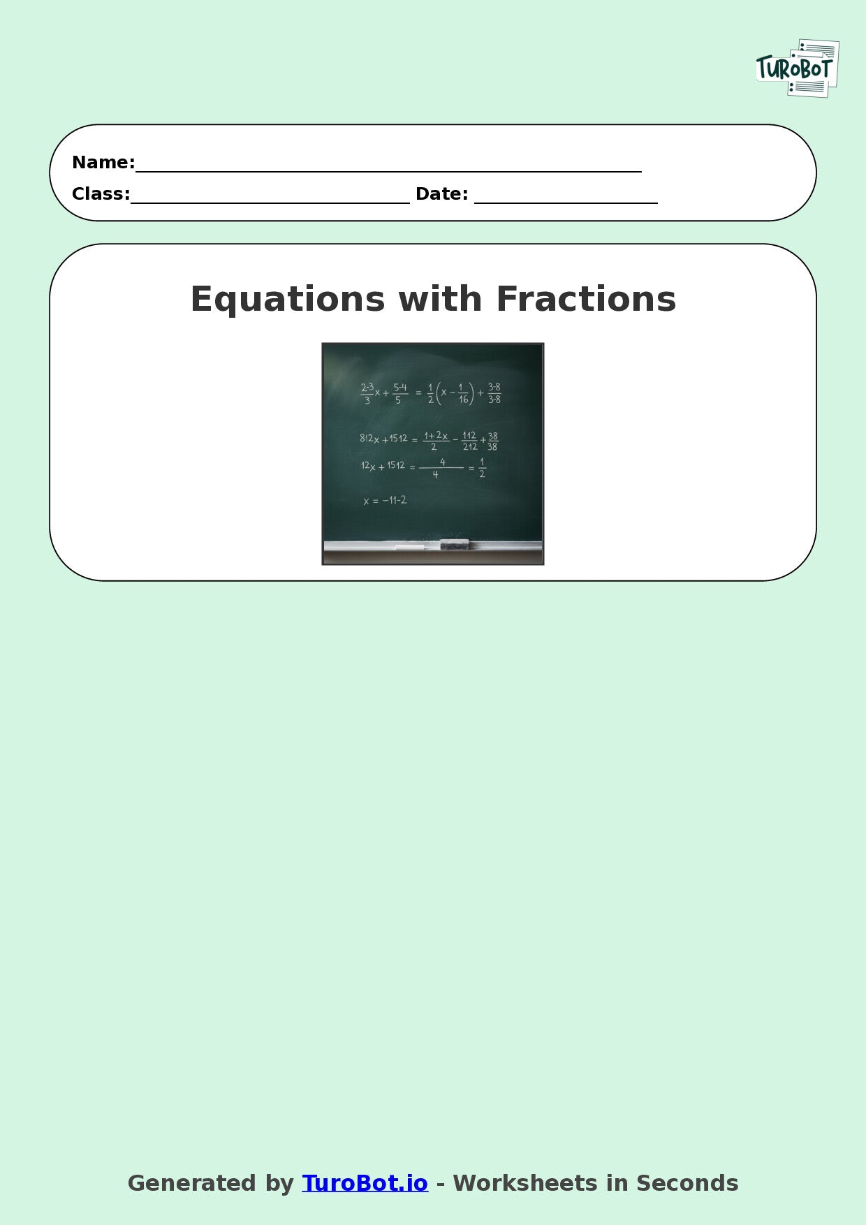 Year 8 Math Worksheet – Equations with Fractions 2