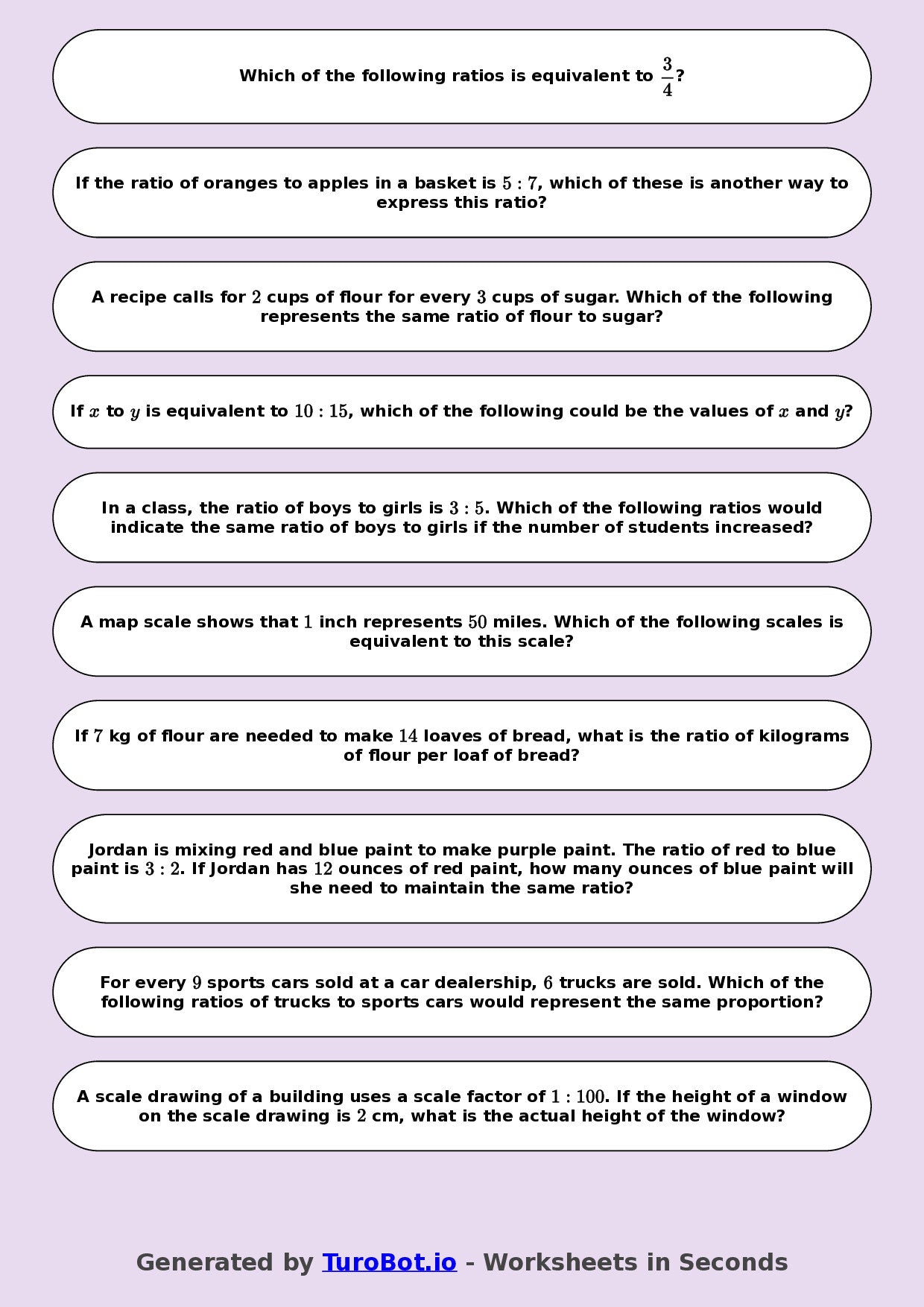 Year 8 Math Worksheet – Equivalent Ratios