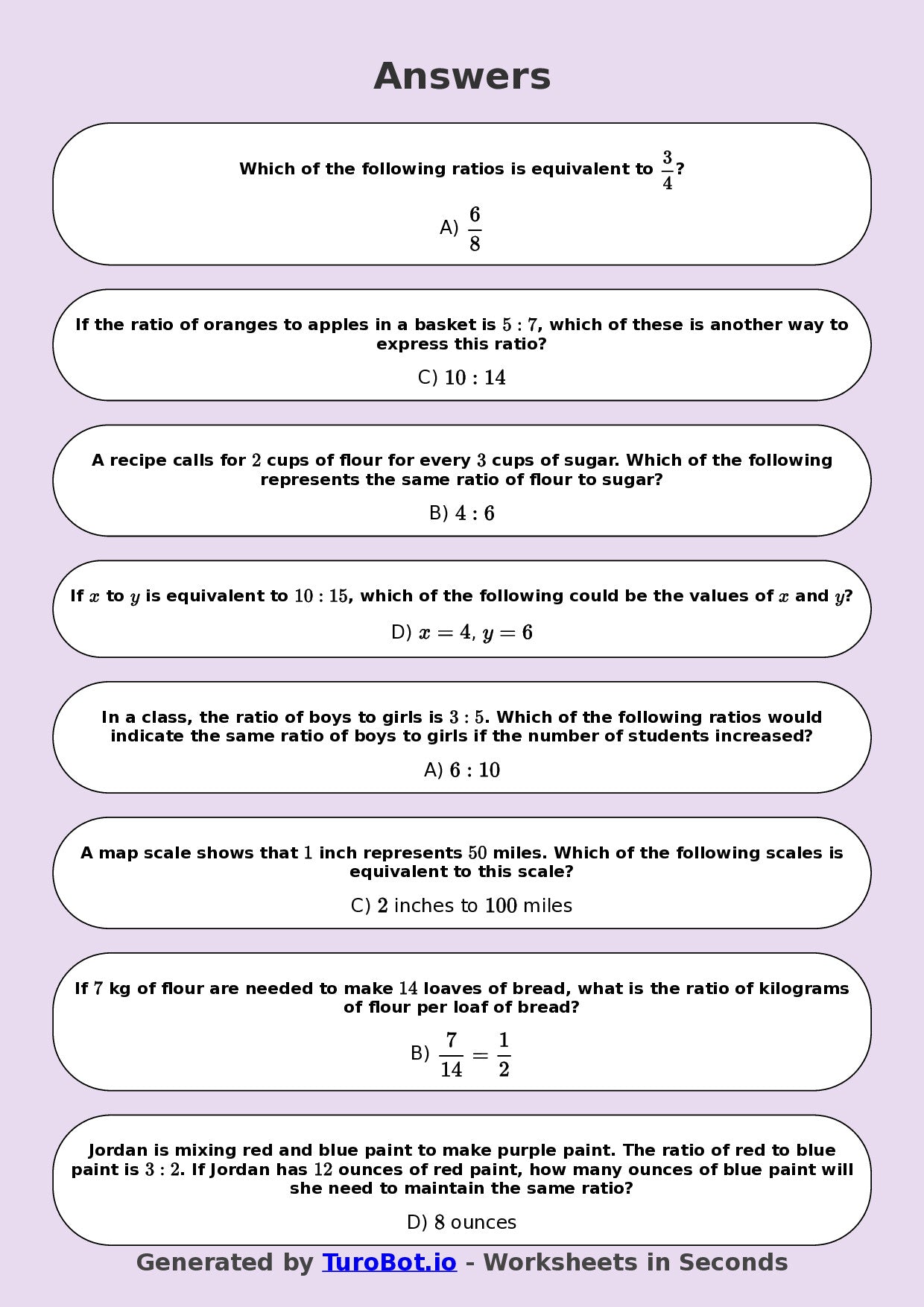 Year 8 Math Worksheet – Equivalent Ratios