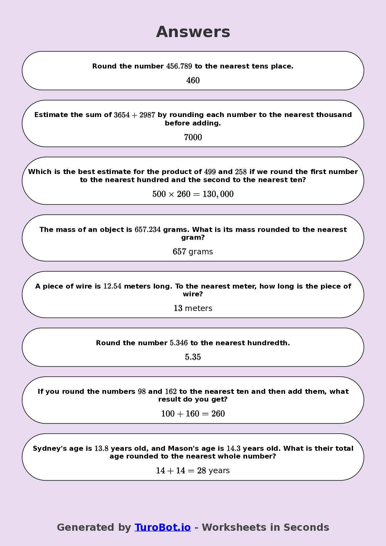 Year 8 Math Worksheet – Estimation and Rounding