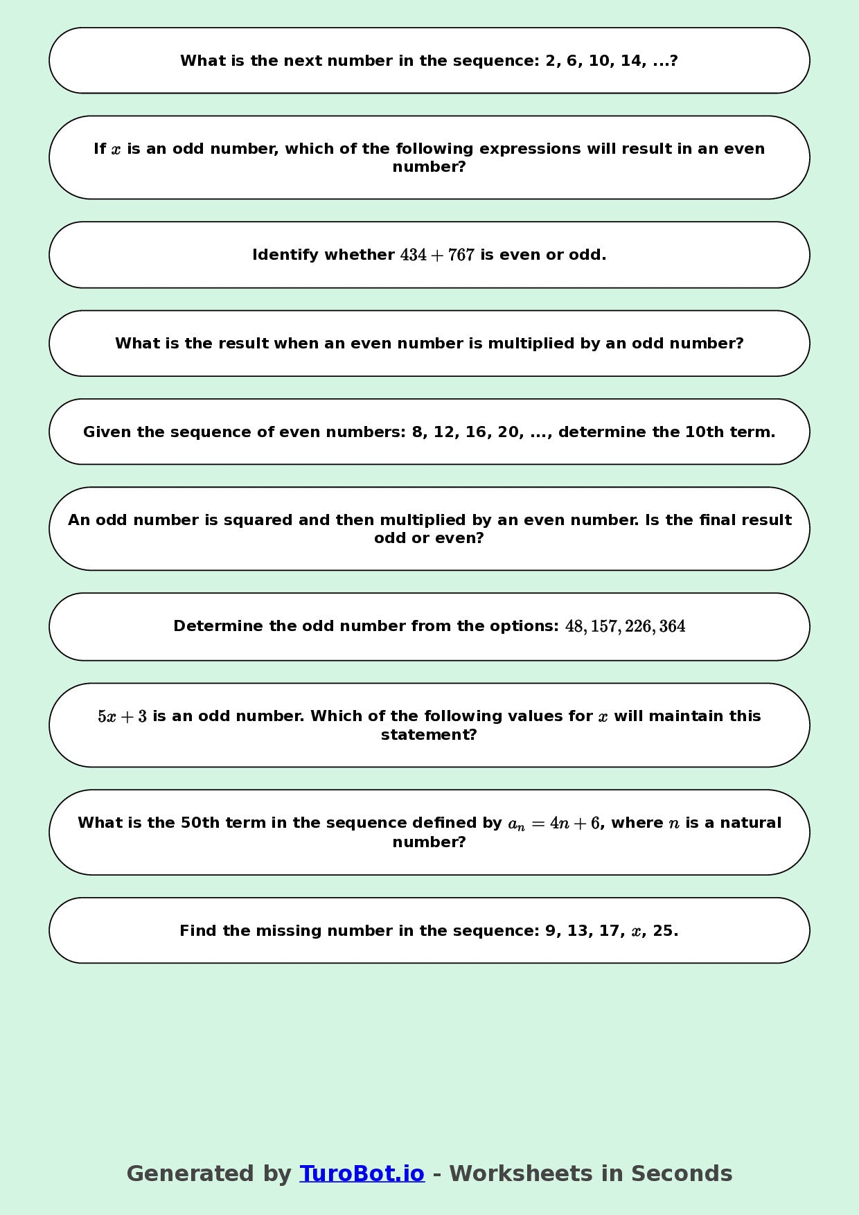 Year 8 Math Worksheet – Even and Odd Number Patterns 2