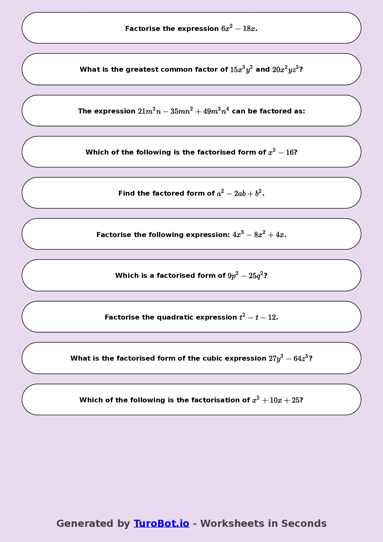 Year 8 Math Worksheet – Factorising Basic Expressions