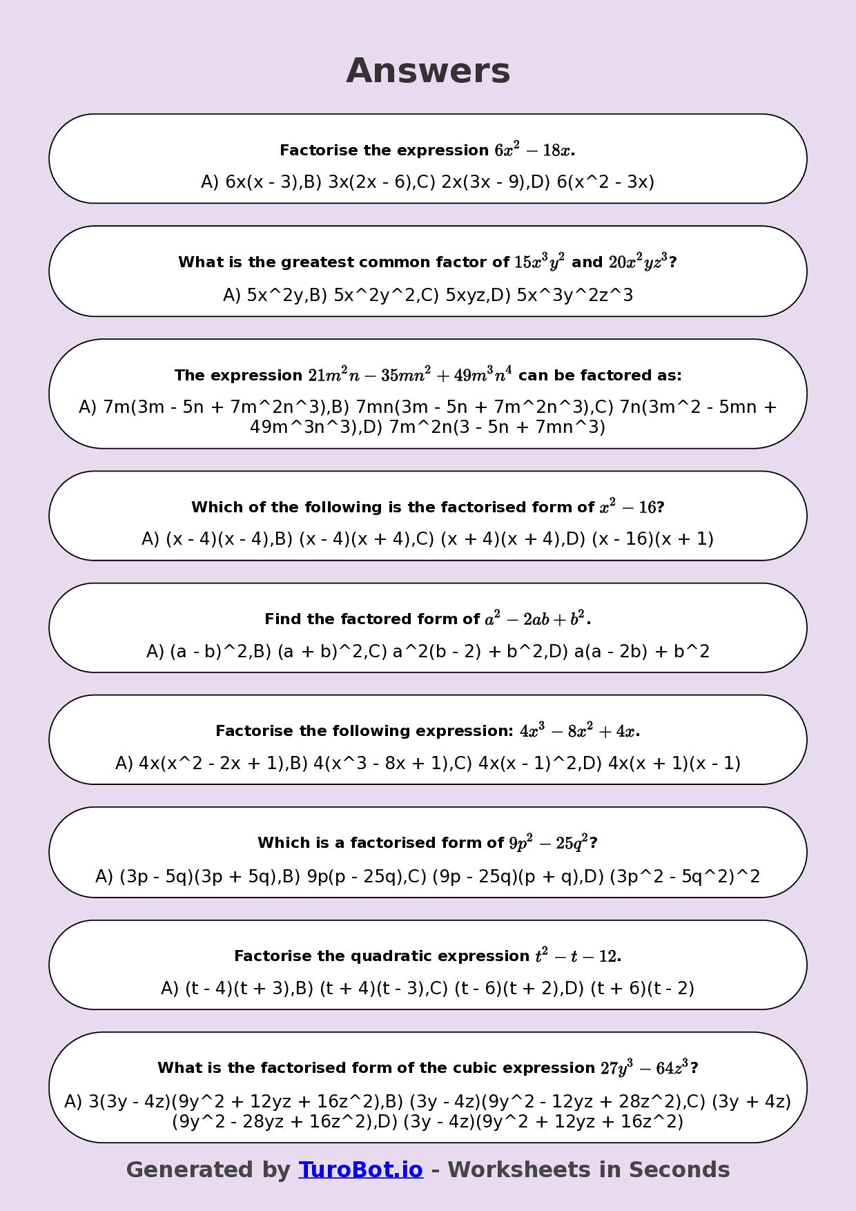 Year 8 Math Worksheet – Factorising Basic Expressions