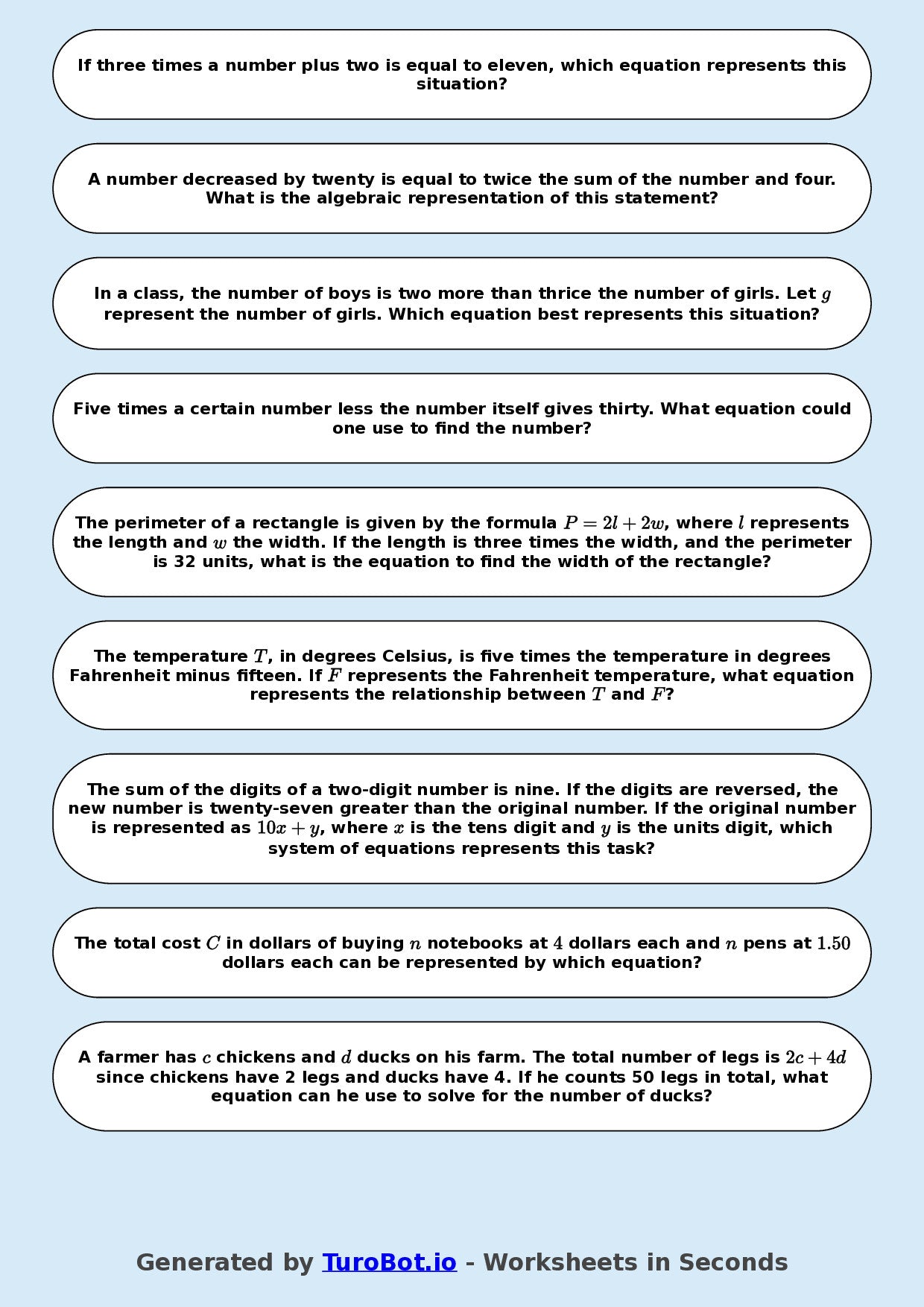 Year 8 Math Worksheet – Forming Linear Equations 2