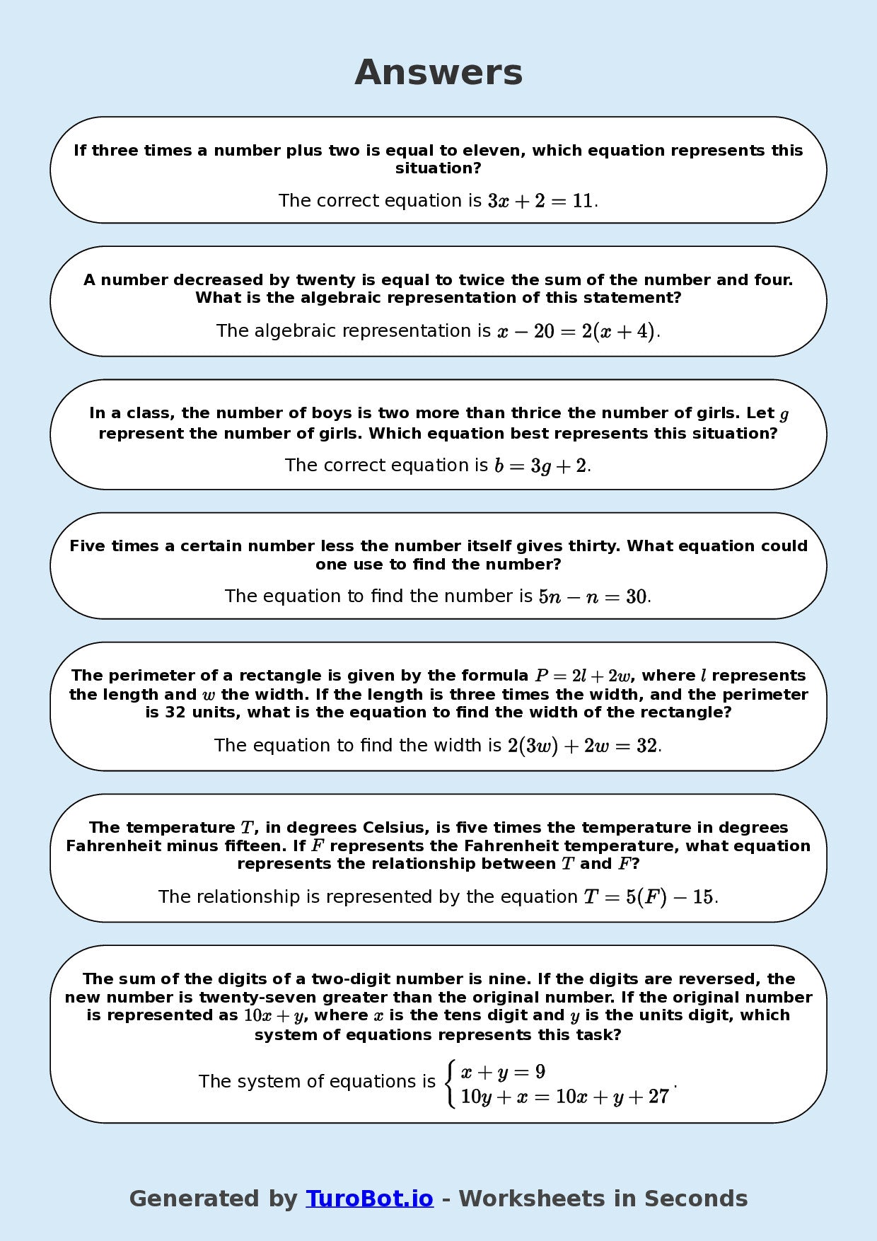 Year 8 Math Worksheet – Forming Linear Equations 2