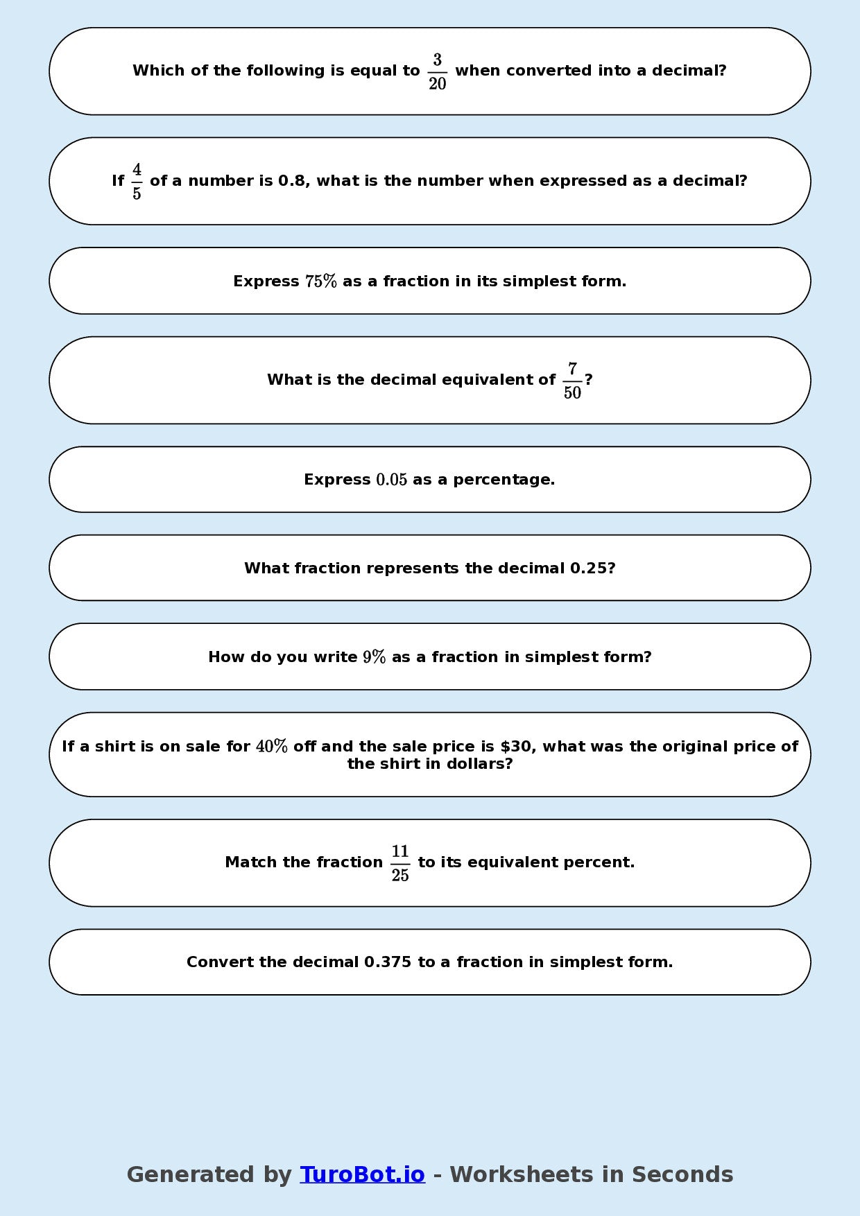 Year 8 Math Multiple Choice Worksheet – Fraction, Decimal and Percent Matching 2
