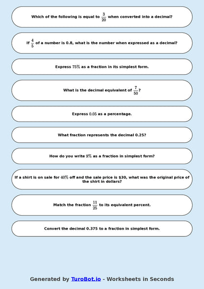 Year 8 Math Multiple Choice Worksheet – Fraction, Decimal and Percent Matching 2