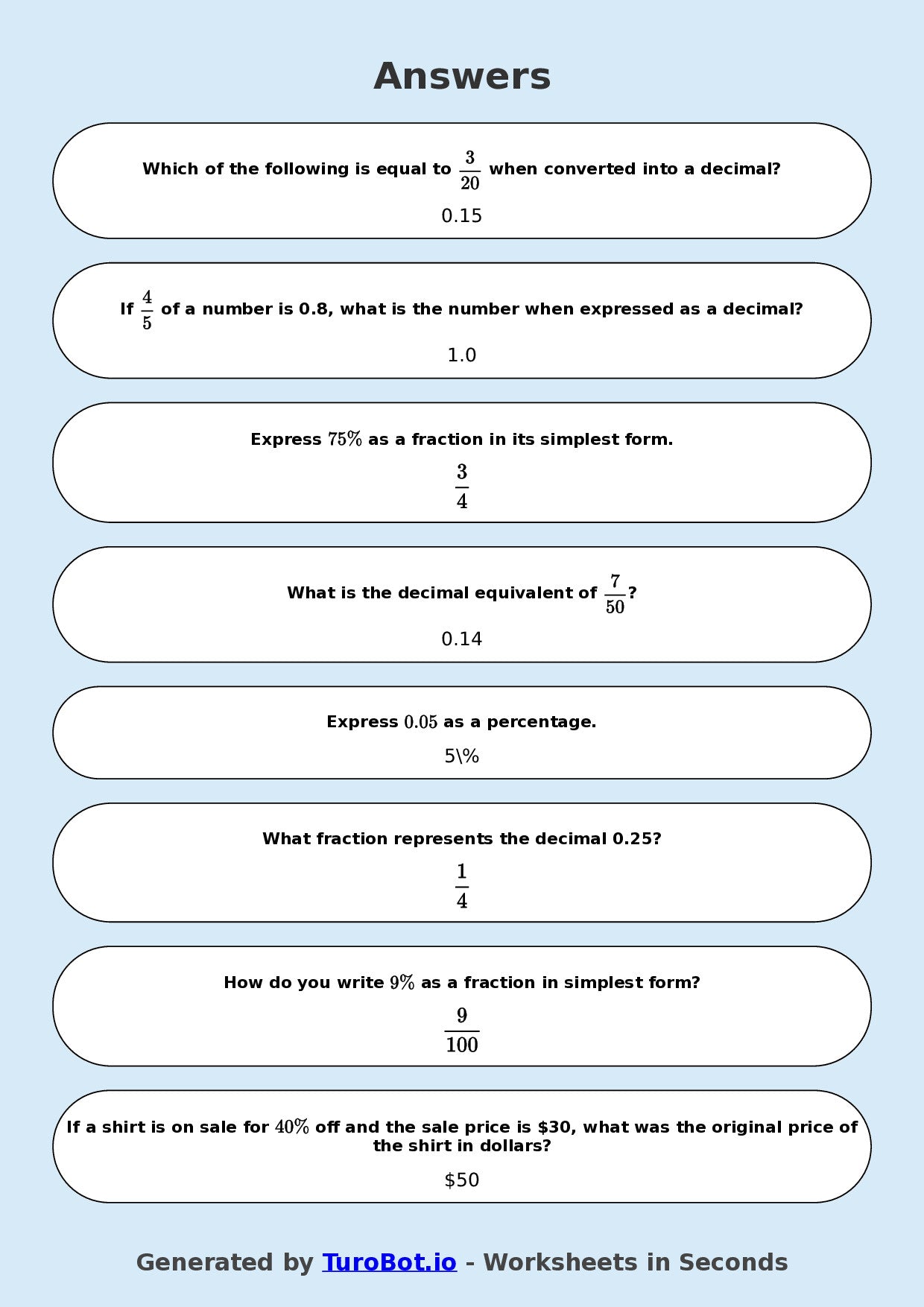 Year 8 Math Multiple Choice Worksheet – Fraction, Decimal and Percent Matching 2