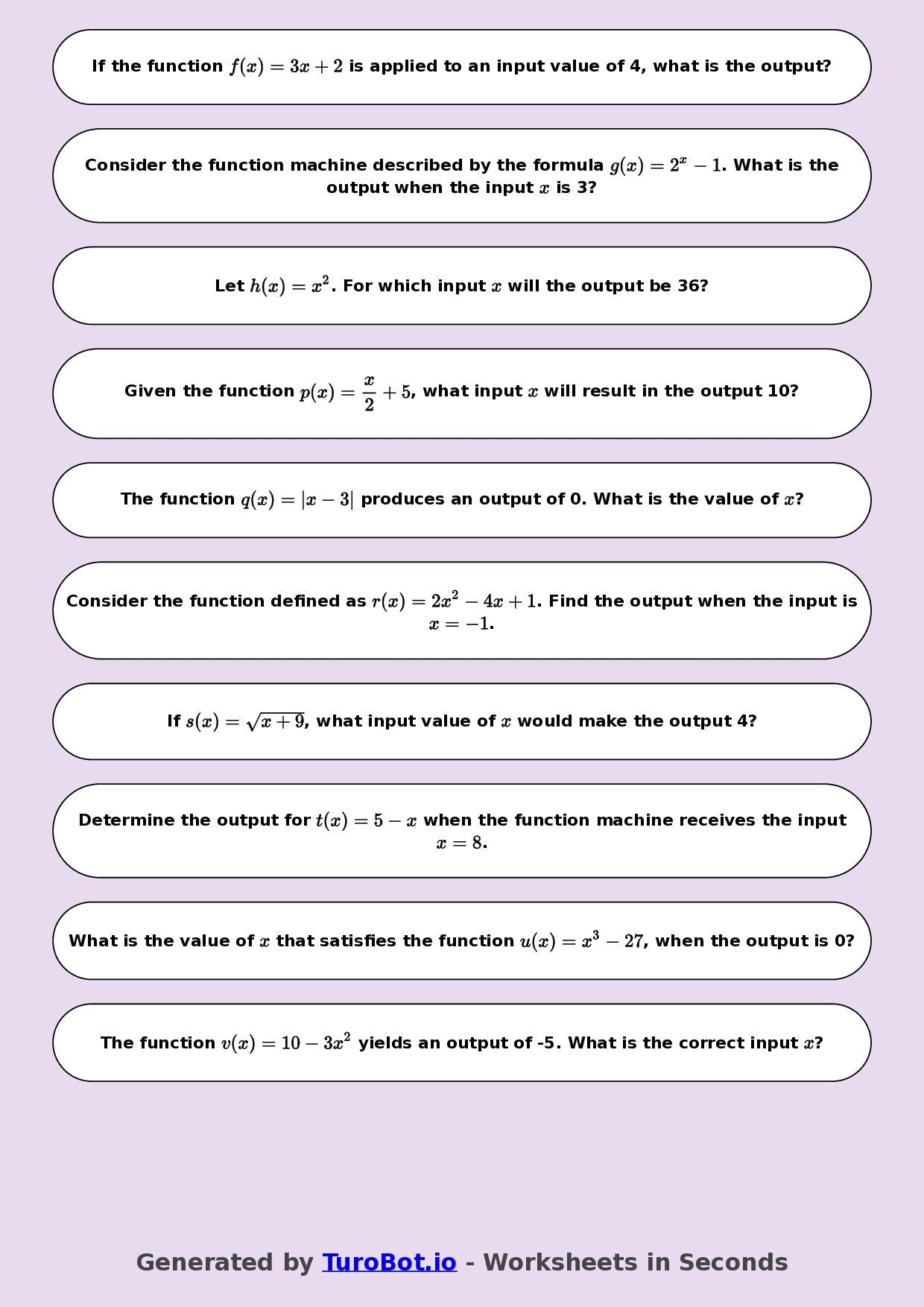 Year 8 Math Multiple Choice Worksheet – Function Machines 2