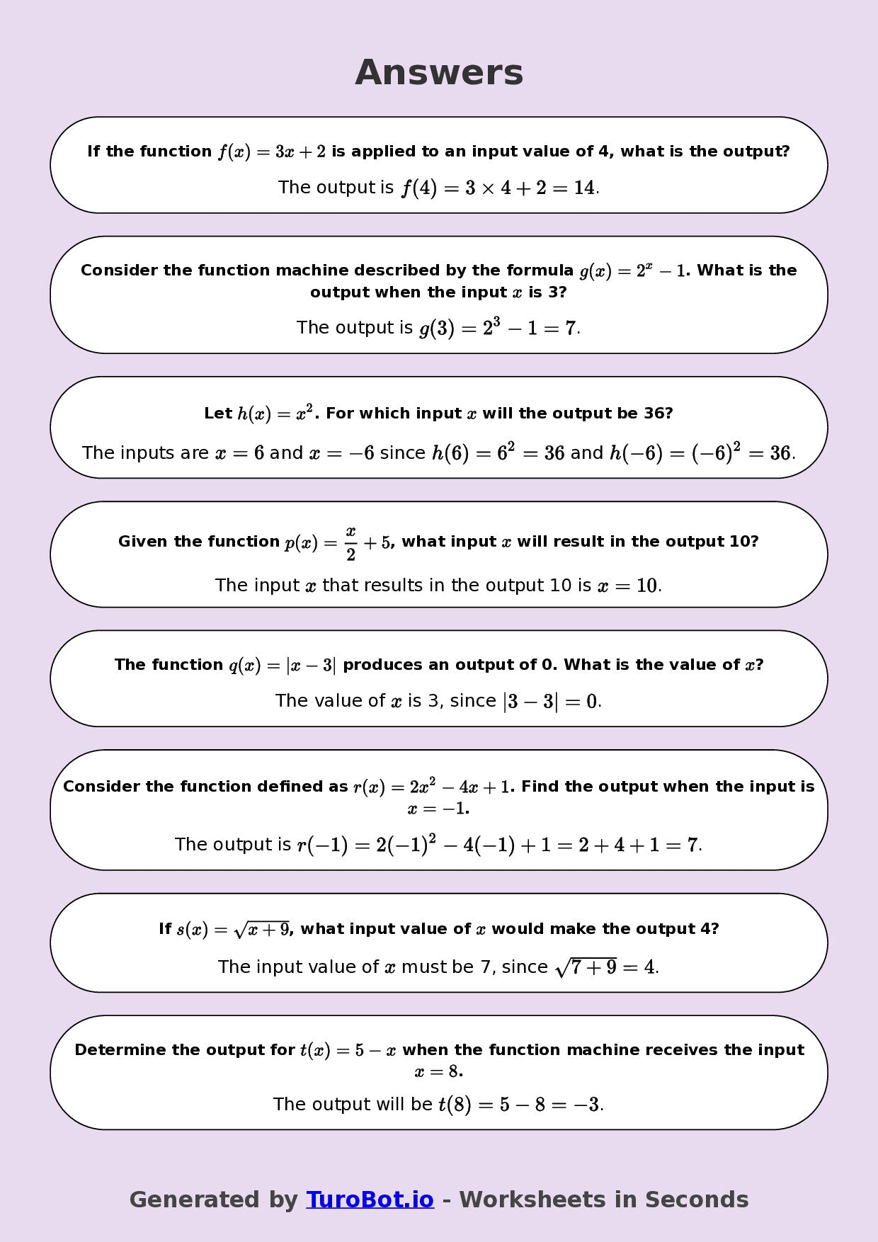 Year 8 Math Multiple Choice Worksheet – Function Machines 2