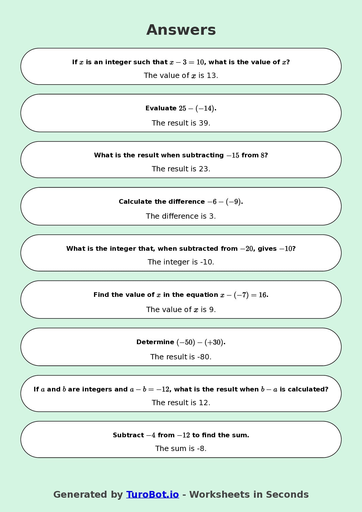 Year 8 Math Worksheet – Integer Subtraction