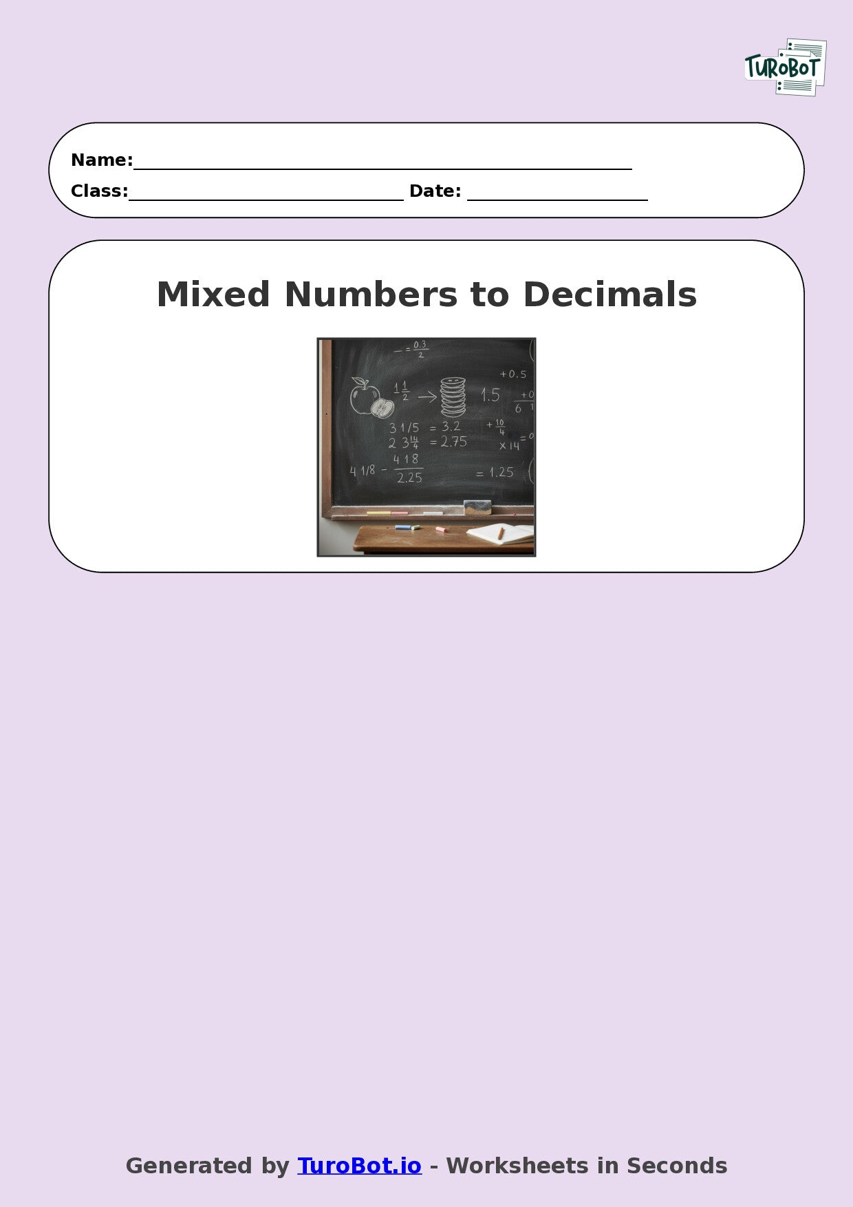 Year 8 Math Worksheet – Mixed Numbers to Decimals