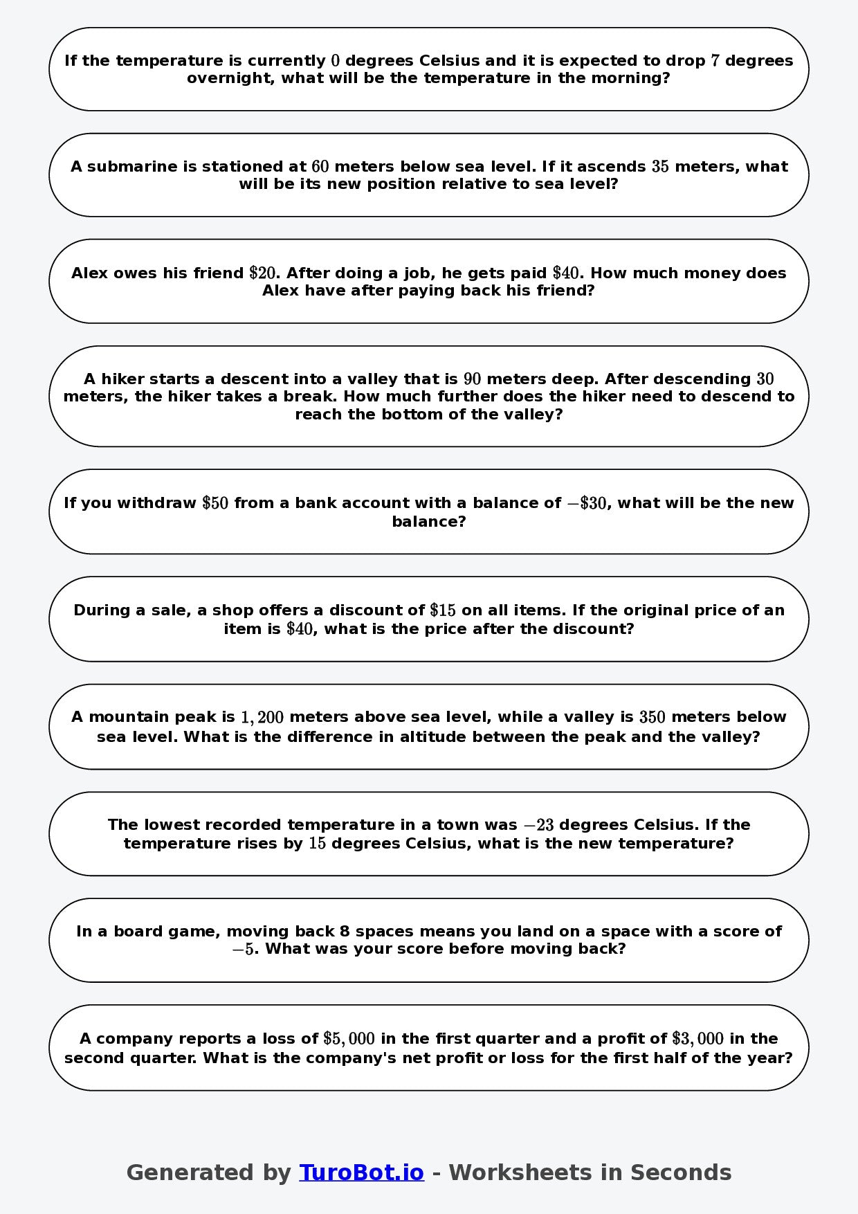 Year 8 Math Worksheet – Negative Number Word Problems 2