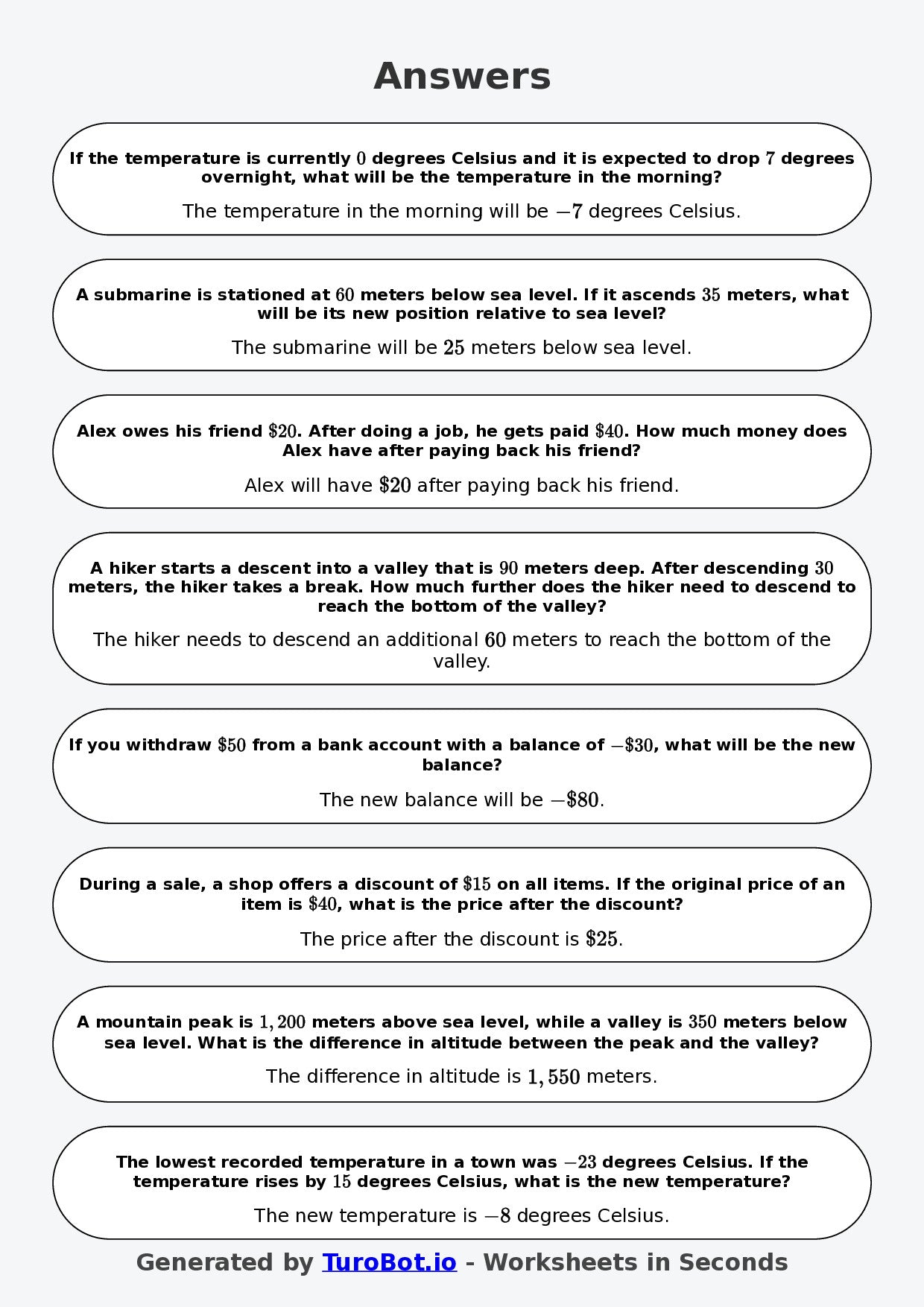 Year 8 Math Worksheet – Negative Number Word Problems 2