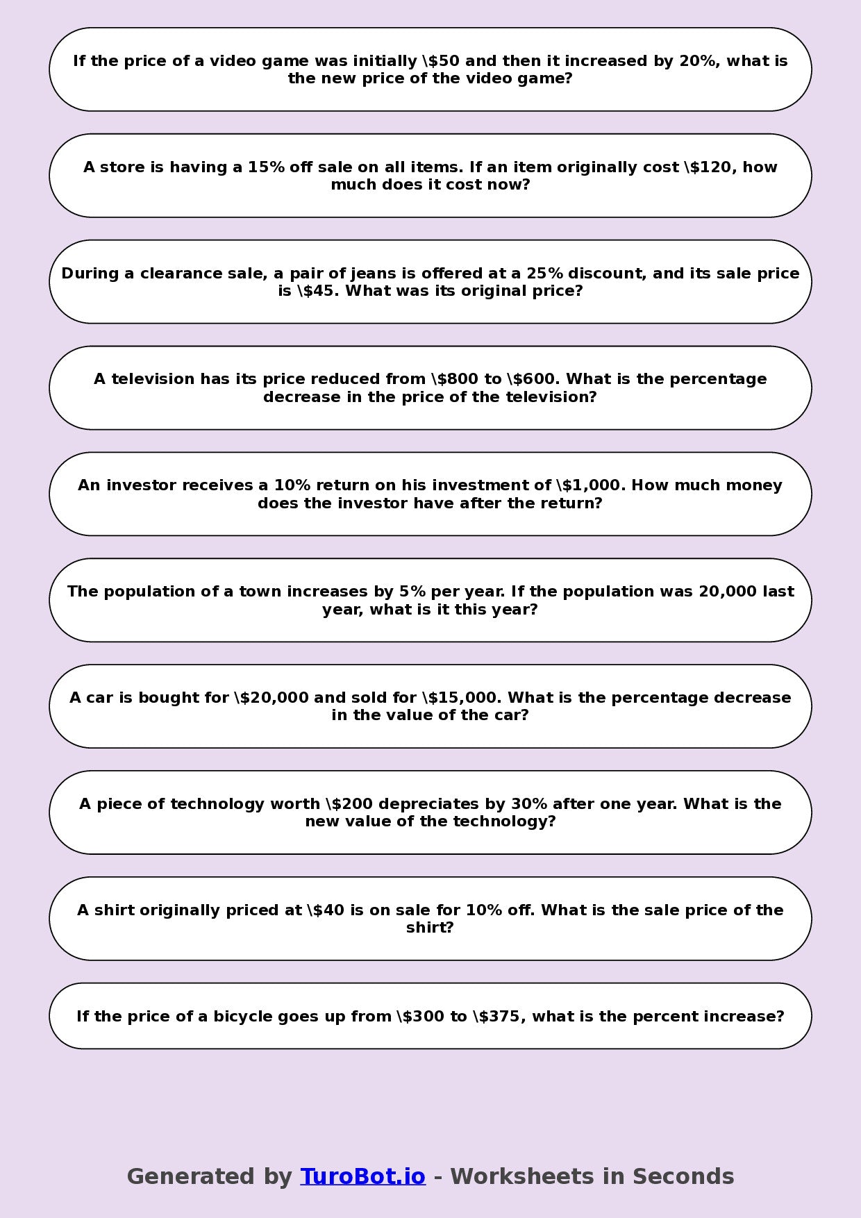 Year 8 Math Worksheet – Percent Increase and Decrease 2