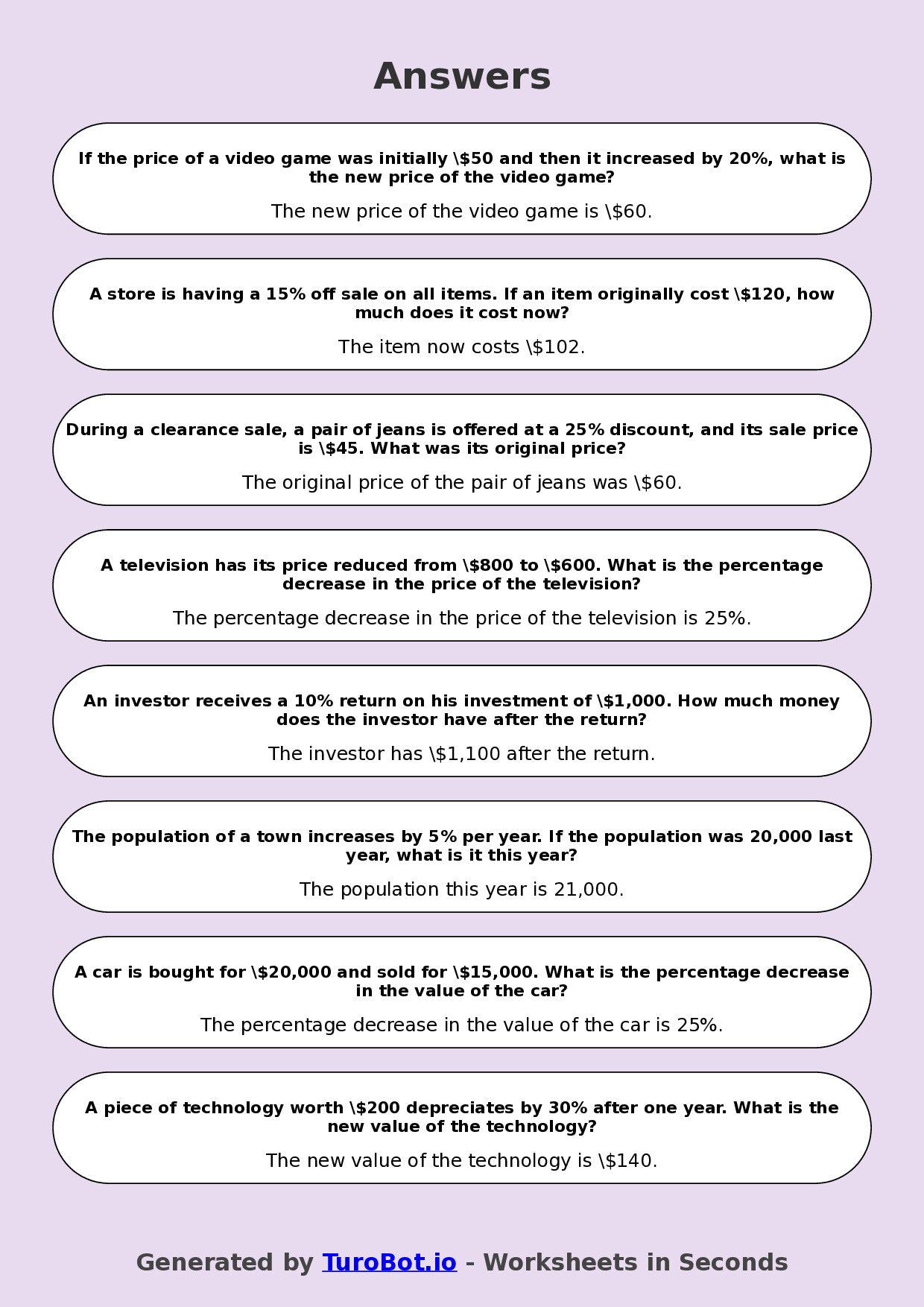 Year 8 Math Worksheet – Percent Increase and Decrease 2