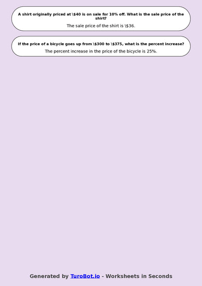 Year 8 Math Worksheet – Percent Increase and Decrease 2