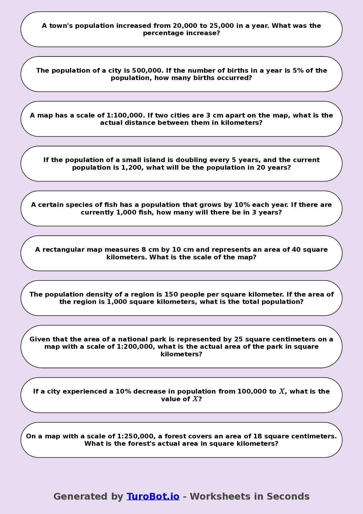 Year 8 Math Worksheet – Population and Map Scale Problems
