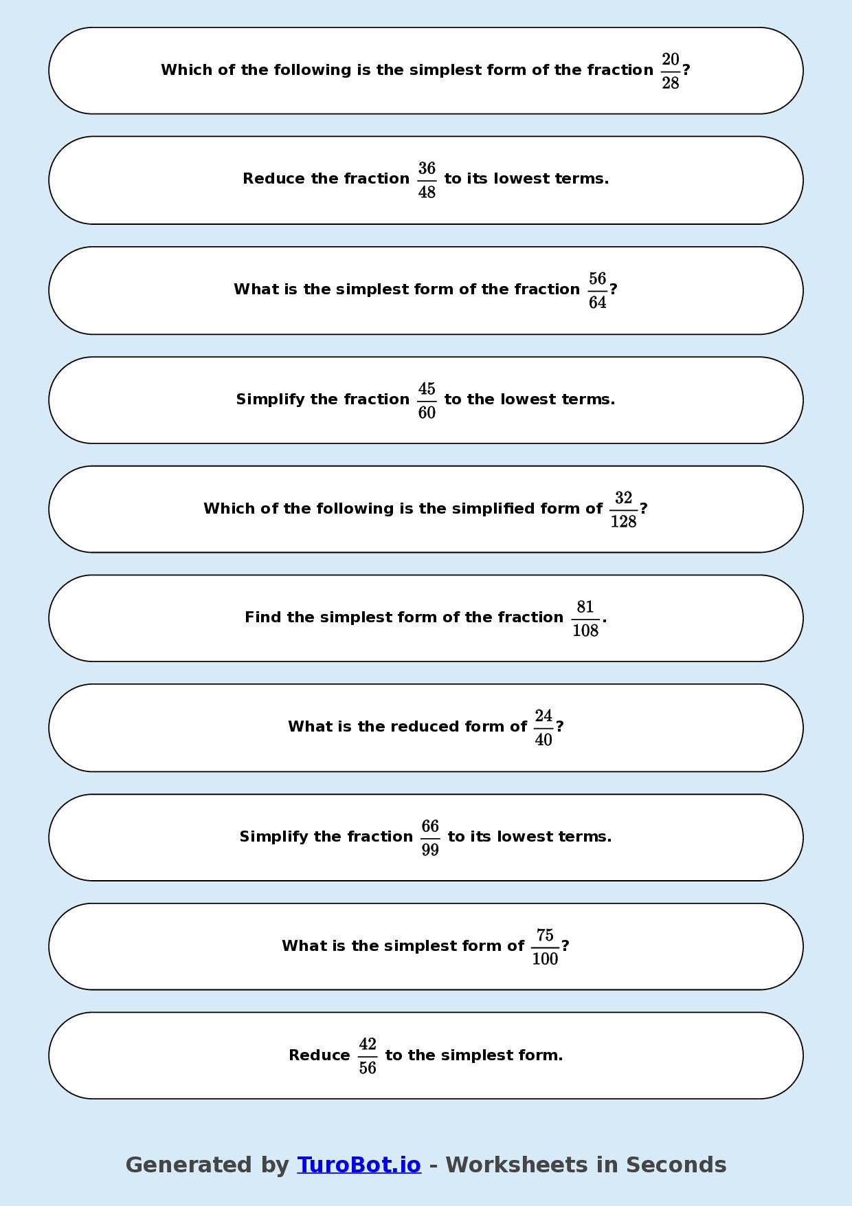 Year 8 Math Multiple Choice Worksheet – Simplifying Fractions