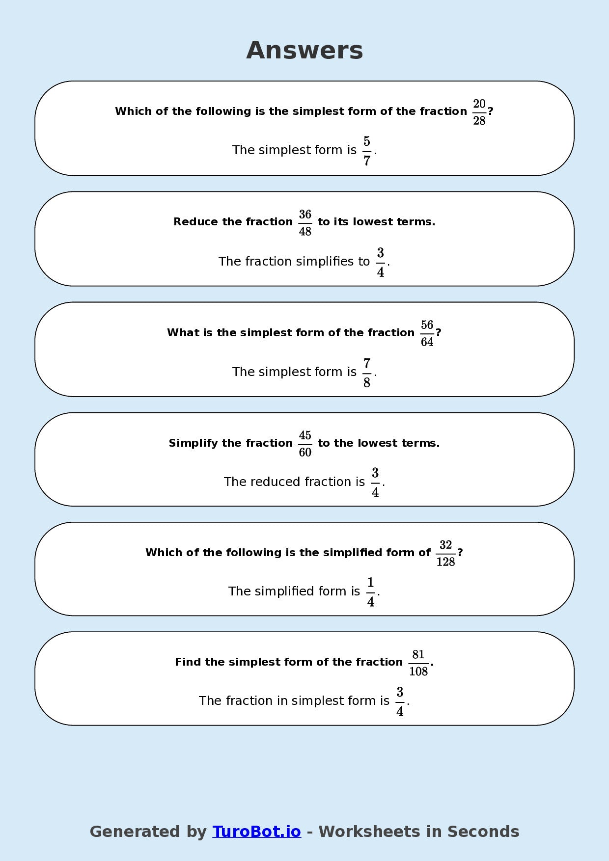 Year 8 Math Multiple Choice Worksheet – Simplifying Fractions