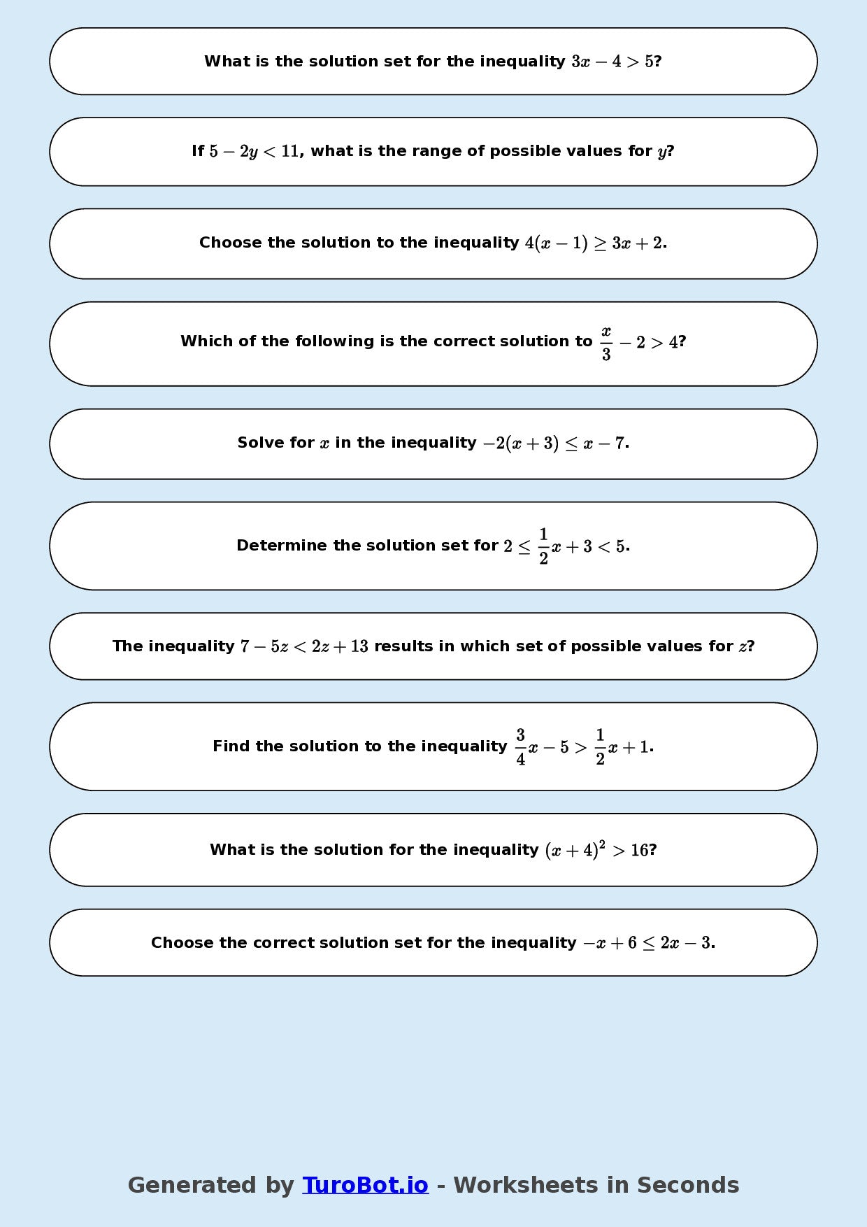 Year 8 Math Worksheet – Solving Simple Inequalities 2