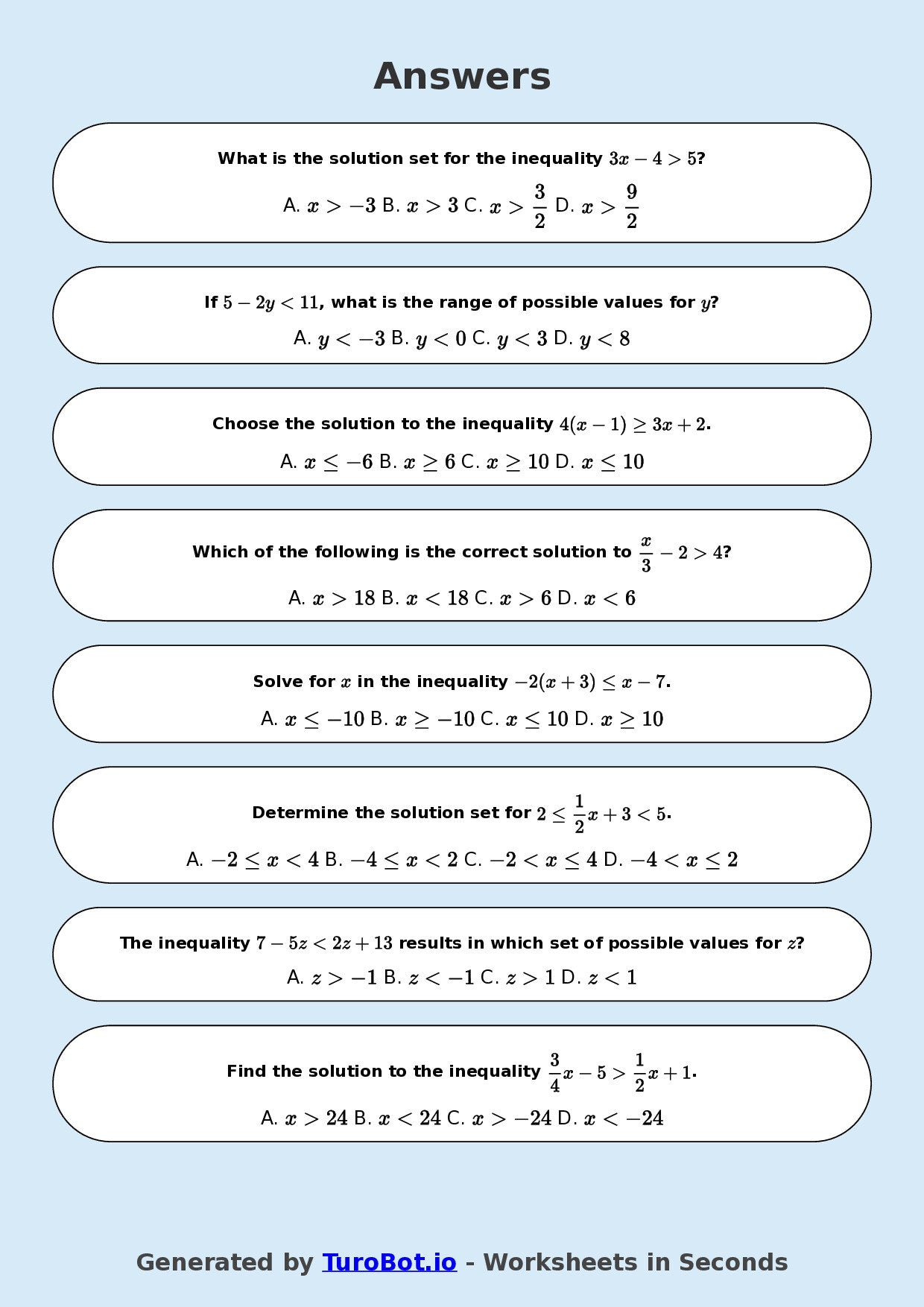 Year 8 Math Worksheet – Solving Simple Inequalities 2