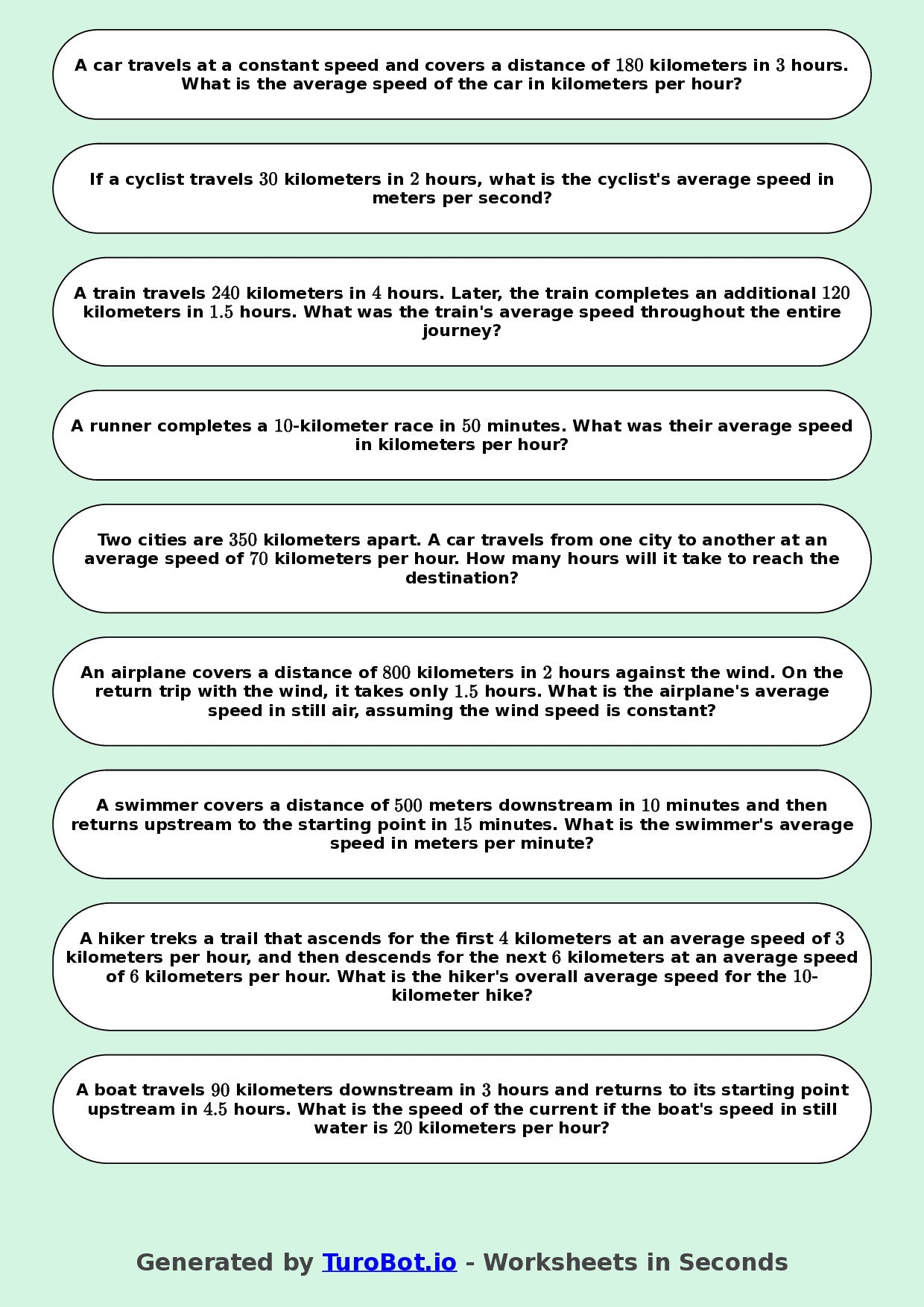 Year 8 Math Multiple Choice Worksheet – Speed, Distance and Time