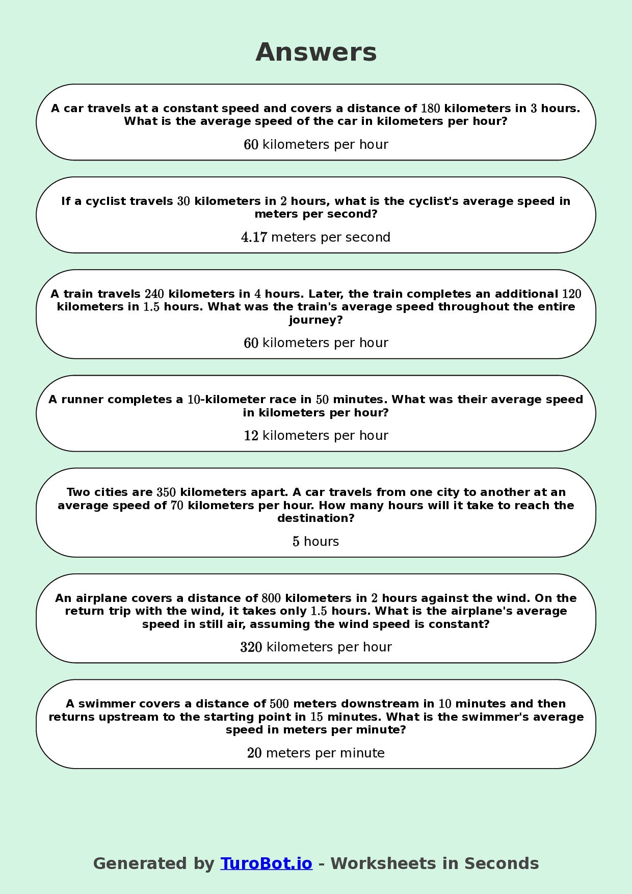 Year 8 Math Multiple Choice Worksheet – Speed, Distance and Time