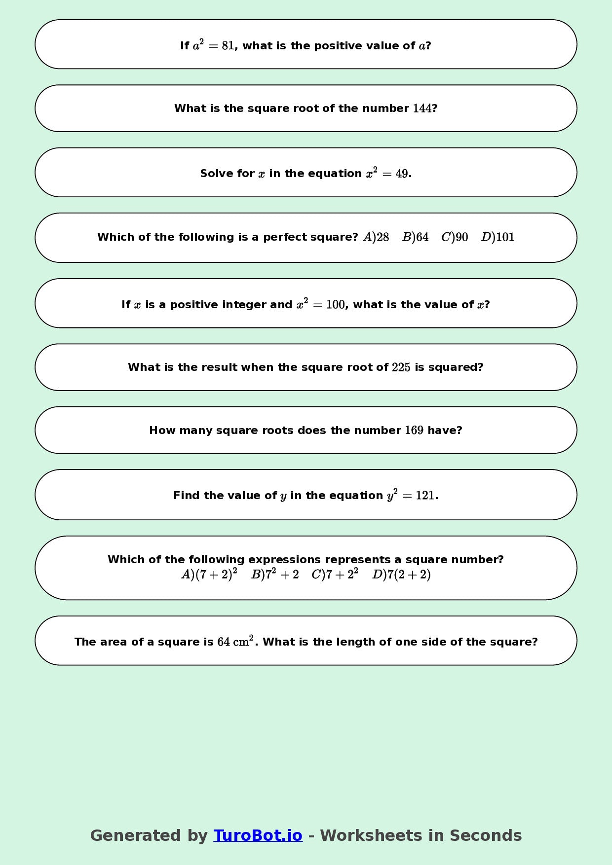 Year 8 Math Multiple Choice Worksheet – Square Numbers and Square Roots 2