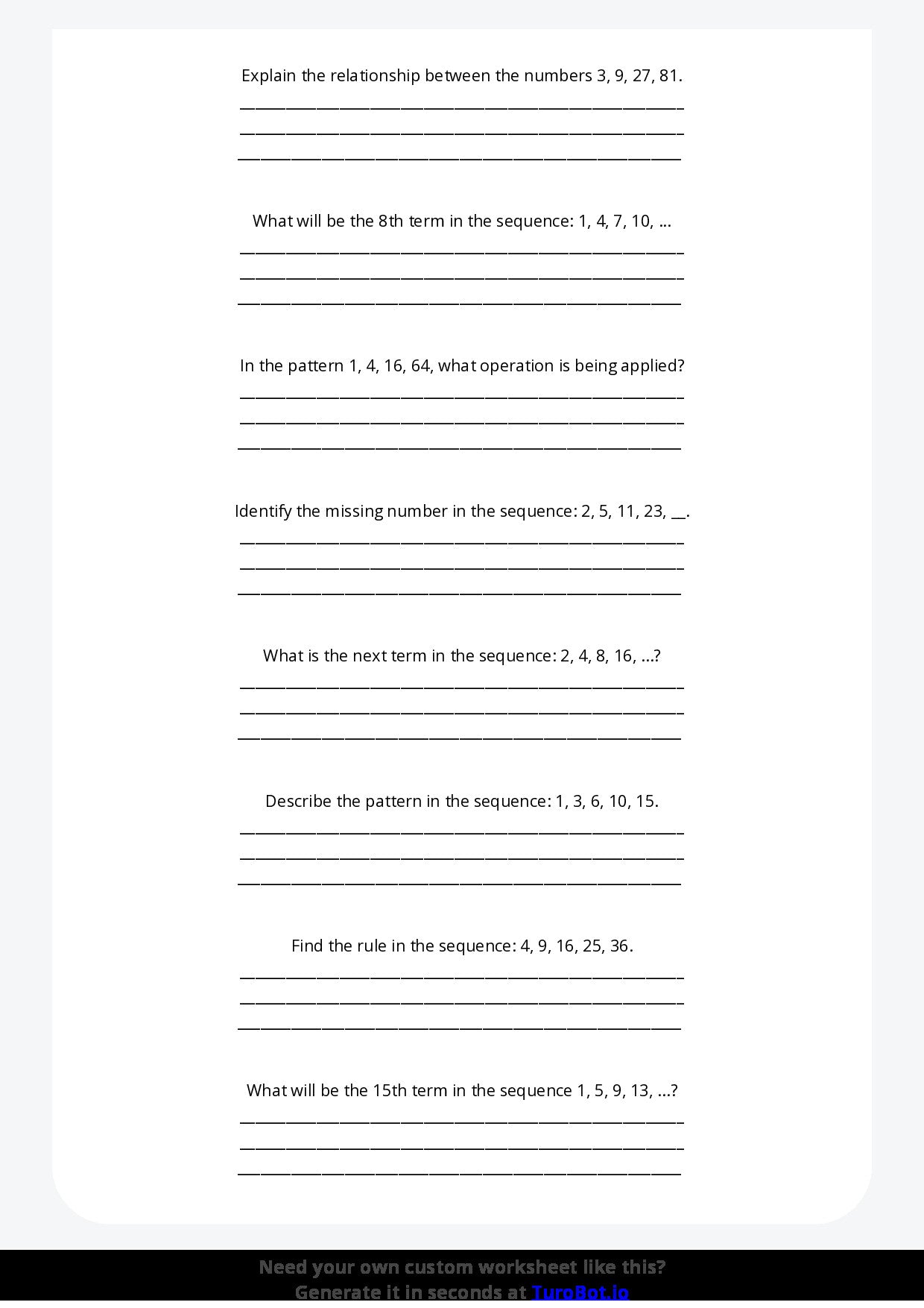 Free Worksheet - Year 8 Math Applying Algebraic Thinking to Patterns Short Answer Response