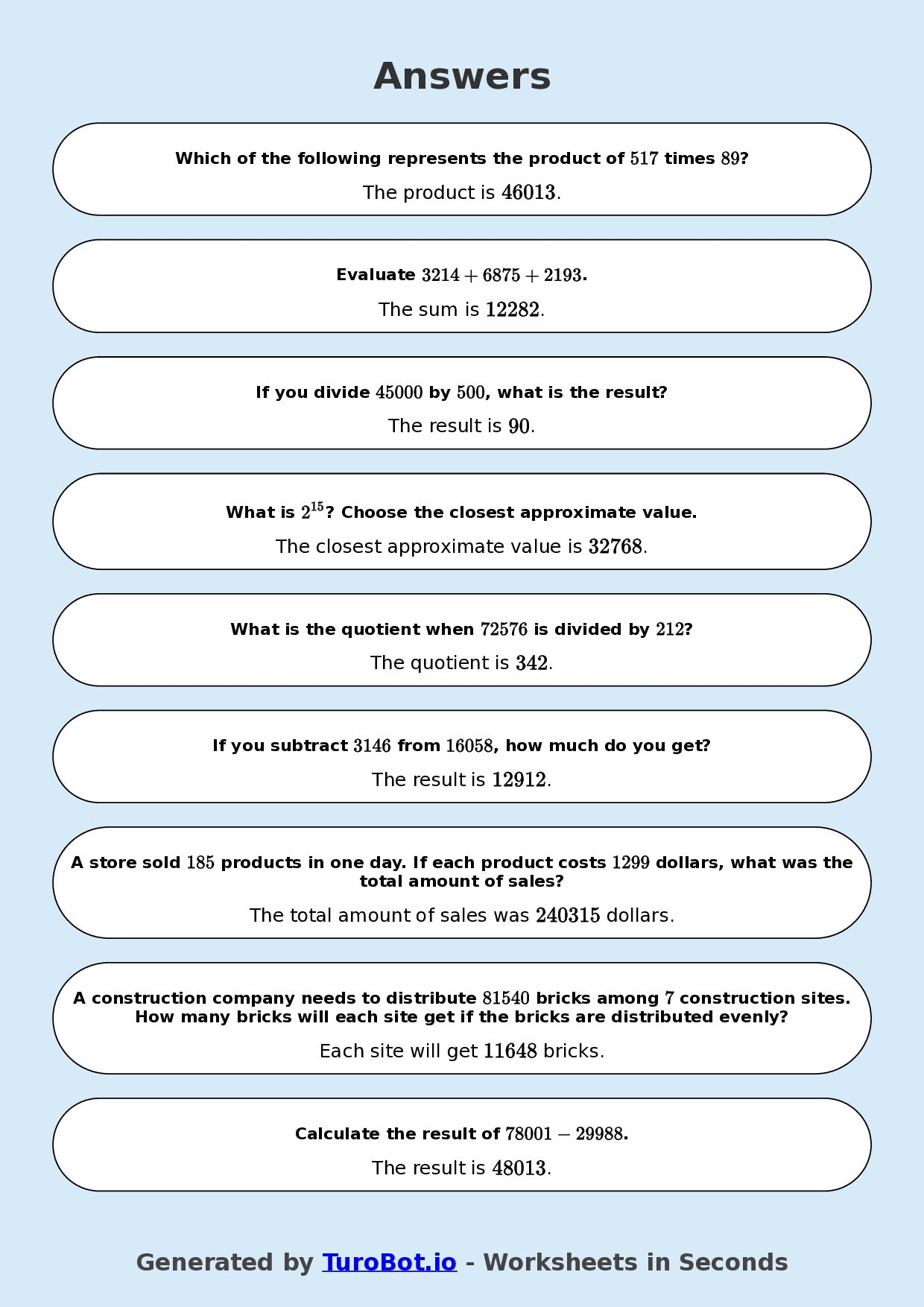 Year 9 Math Worksheet – Arithmetic with Large Numbers 2