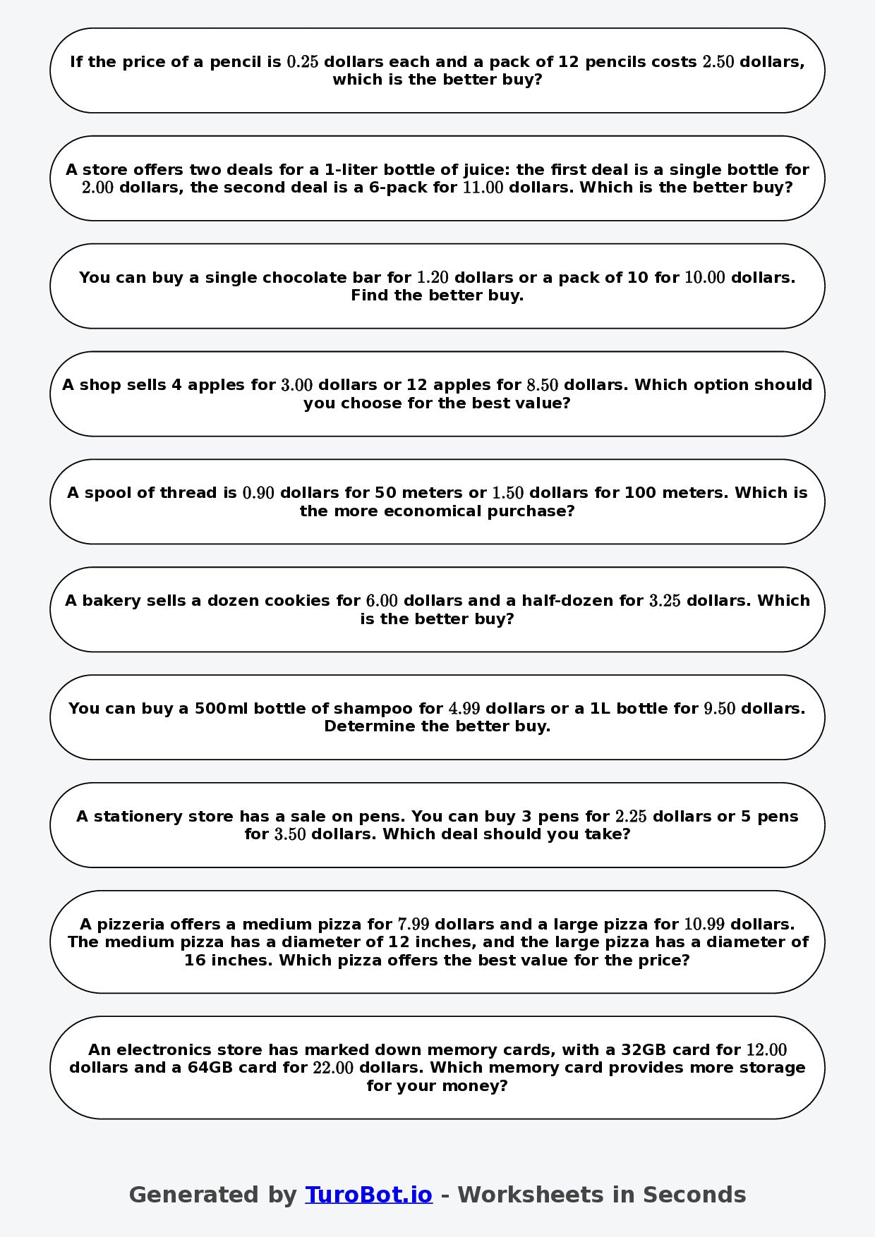 Year 9 Math Worksheet – Best Buy Problems