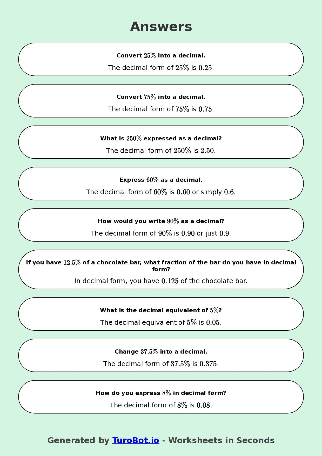 Year 9 Math Worksheet – Convert Percentages to Decimals