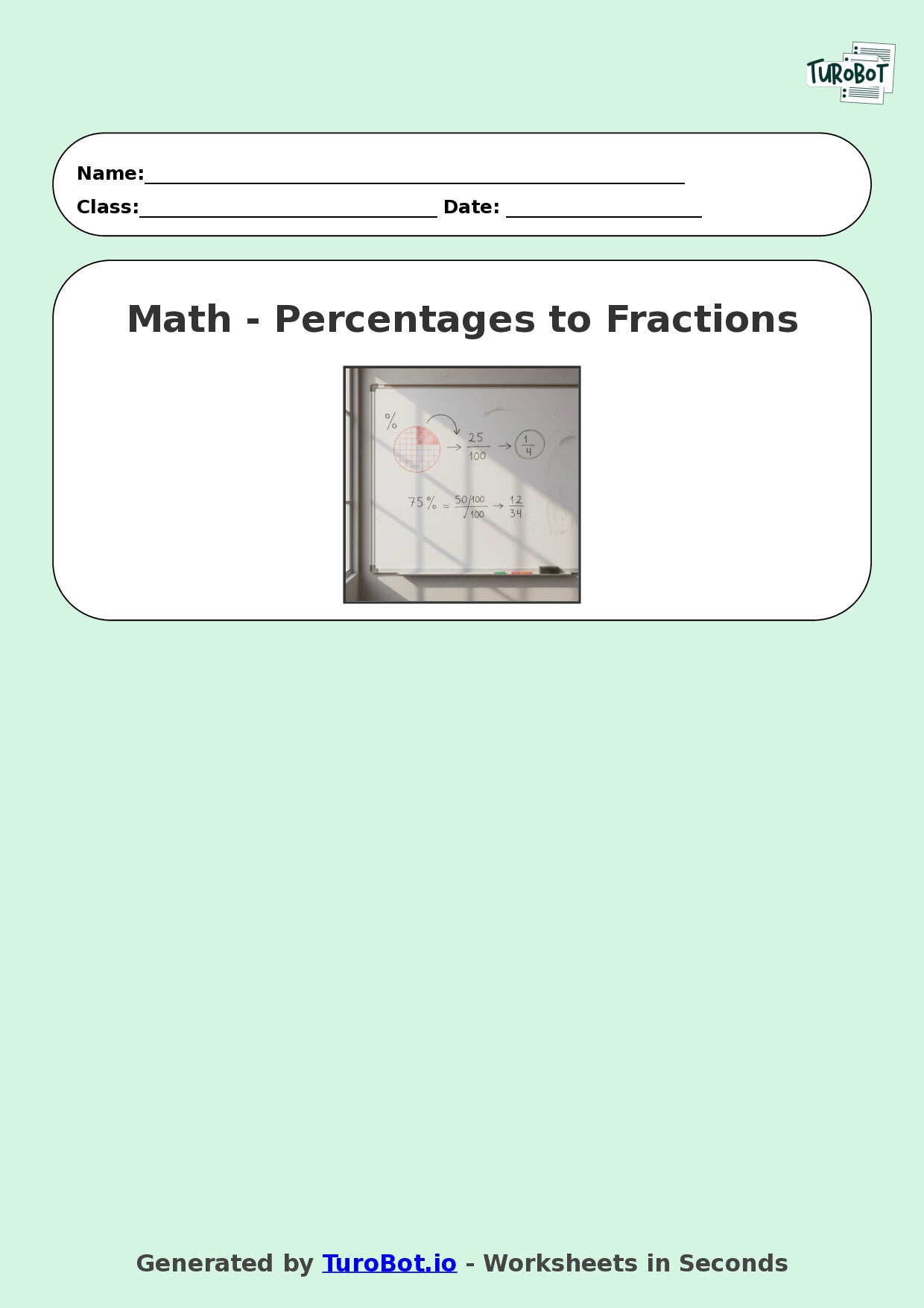 Year 9 Math Worksheet – Convert Percentages to Fractions 2