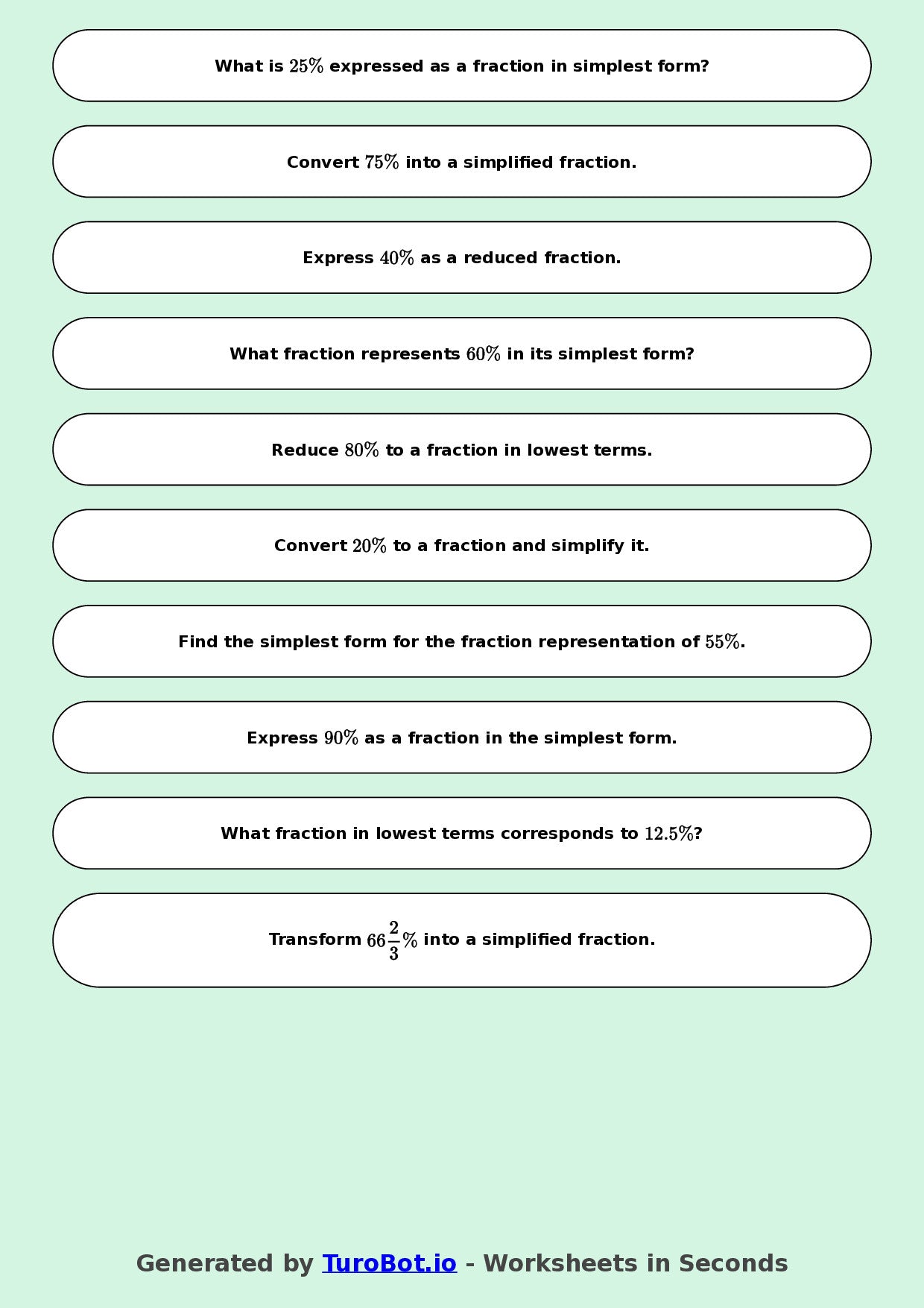 Year 9 Math Worksheet – Convert Percentages to Fractions 2