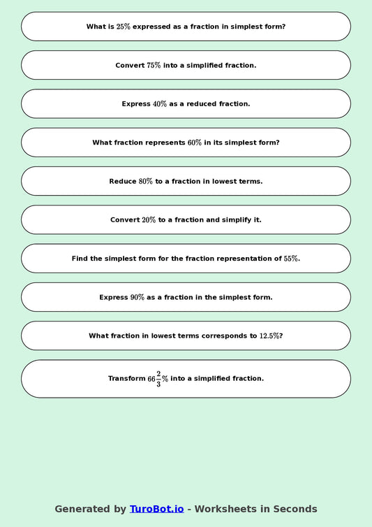 Year 9 Math Worksheet – Convert Percentages to Fractions 2