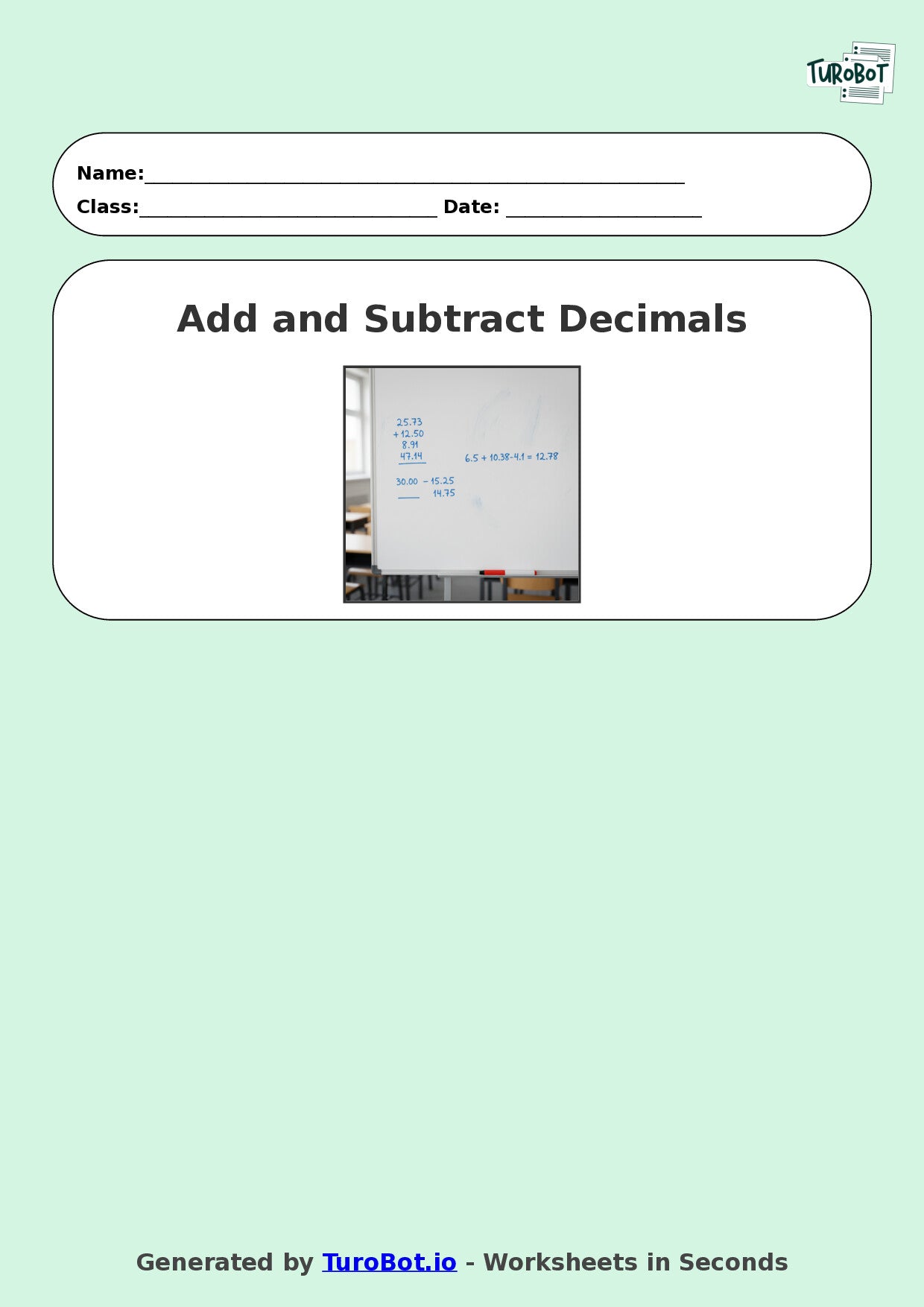 Year 9 Math Multiple Choice Worksheet – Decimal Operations - Add and Subtract 2