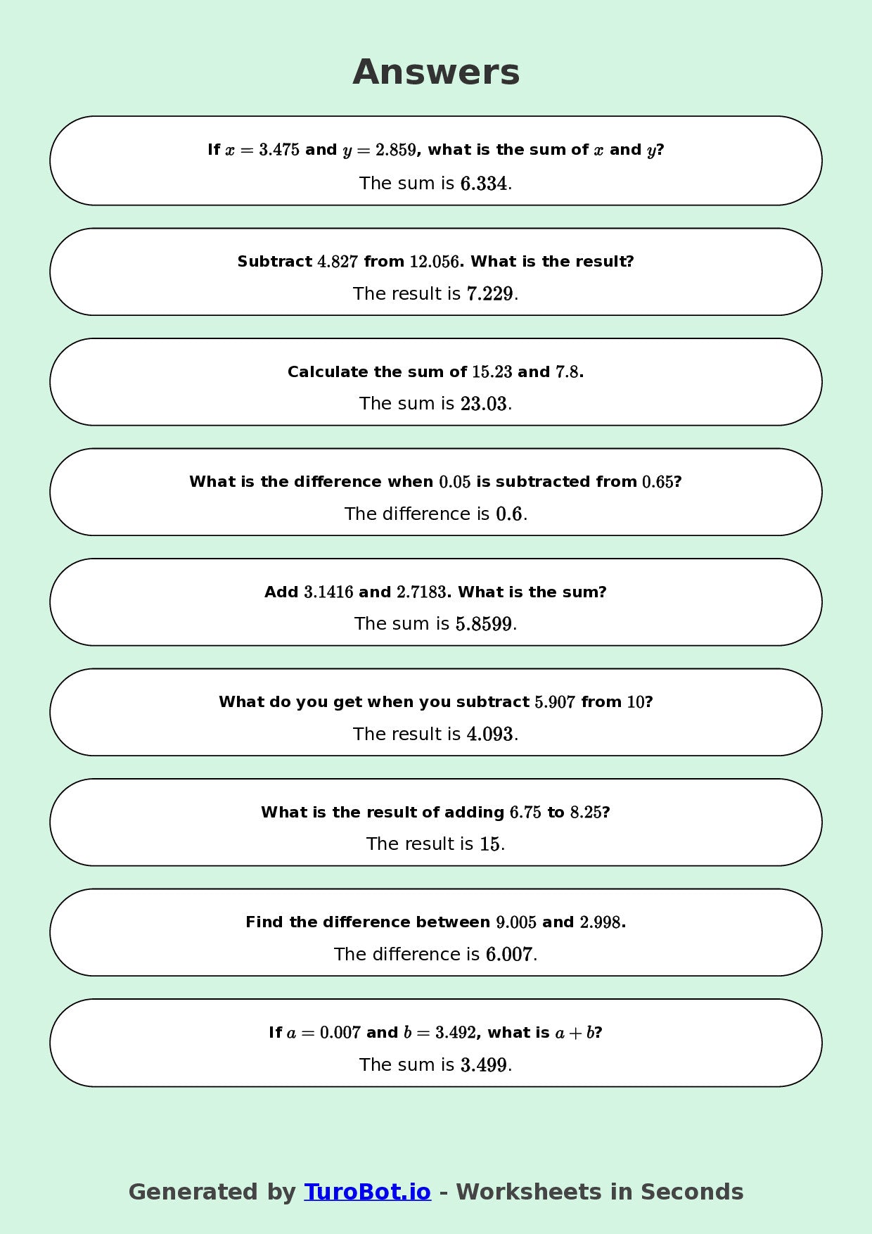 Year 9 Math Multiple Choice Worksheet – Decimal Operations - Add and Subtract 2