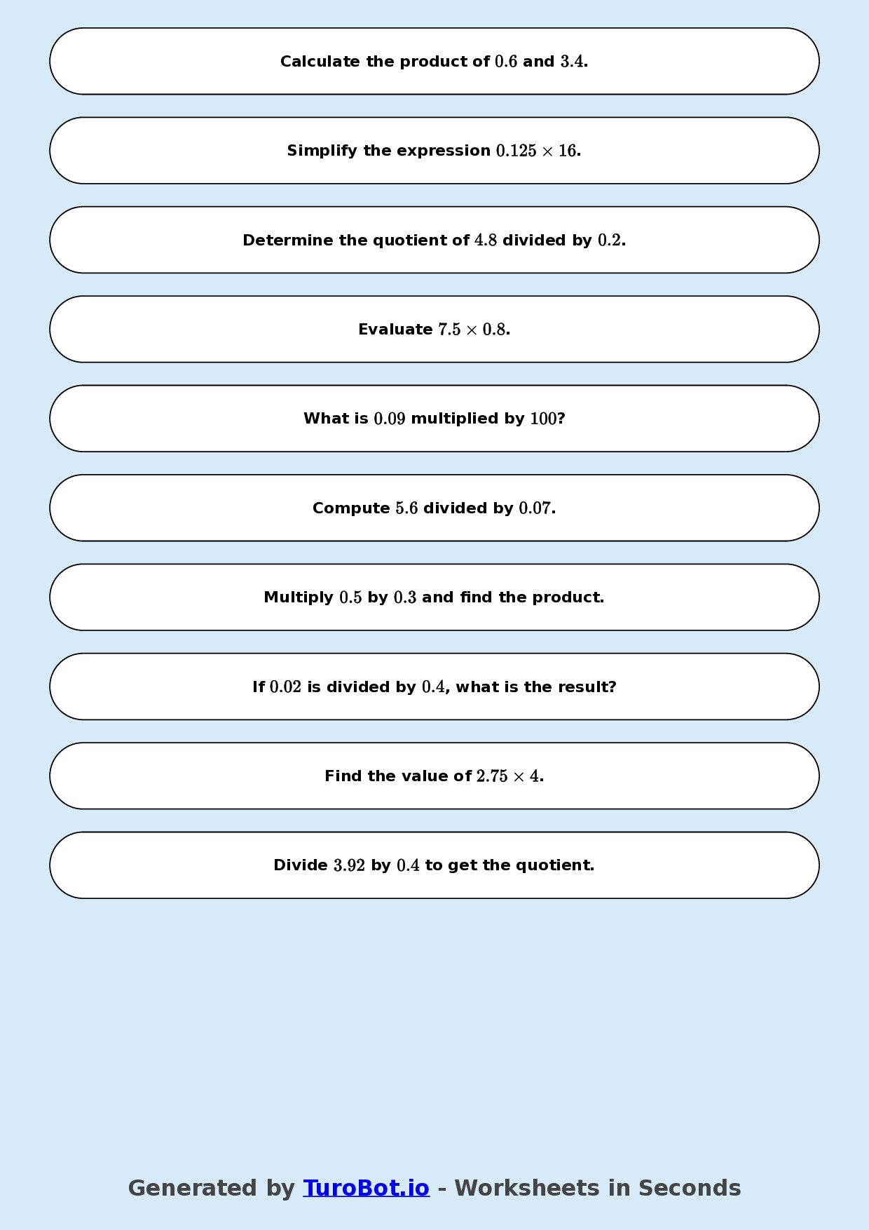 Year 9 Math Worksheet – Decimal Operations - Multiply and Divide