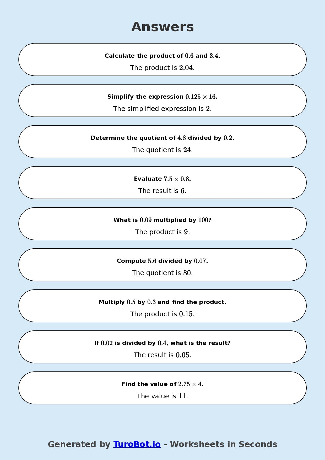 Year 9 Math Worksheet – Decimal Operations - Multiply and Divide